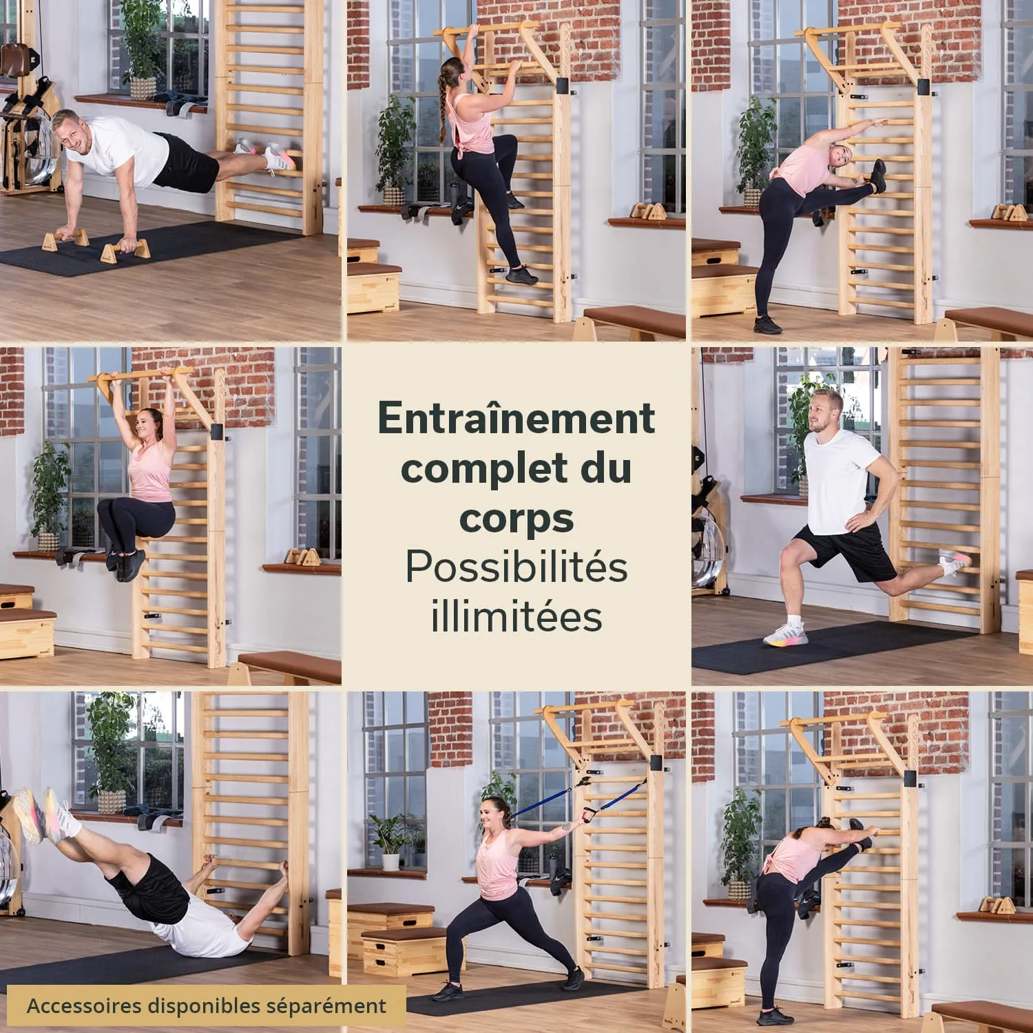Sechs Fitnessübungen in einem Studio mit Holzgeräten. Personen führen unterschiedliche Übungen an einer Holzleiter und auf Matten aus.
