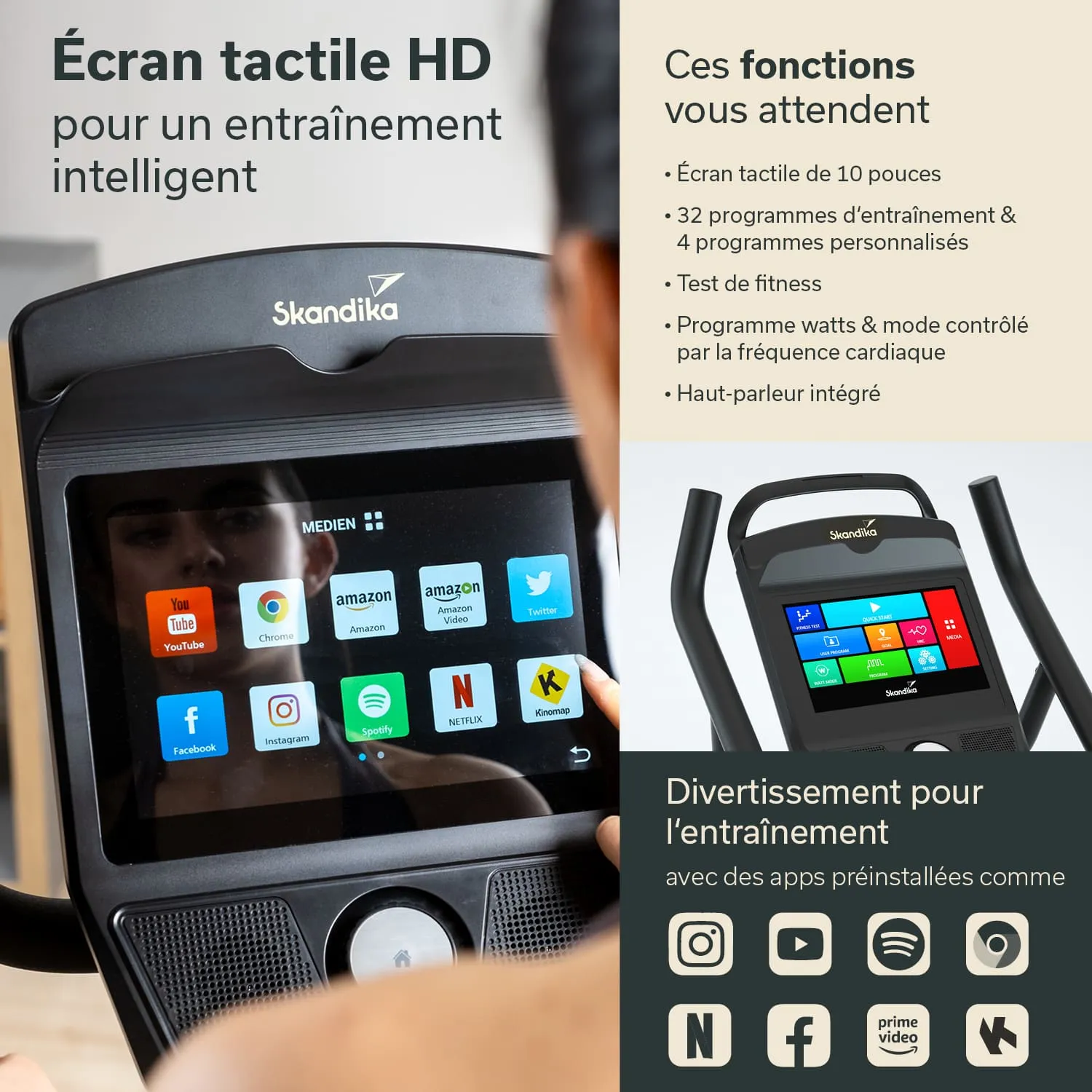 HD-Touchscreen der Marke Skandika mit App-Symbolen für soziale Medien und Fitnessprogramme auf einem Fitnessgerät.