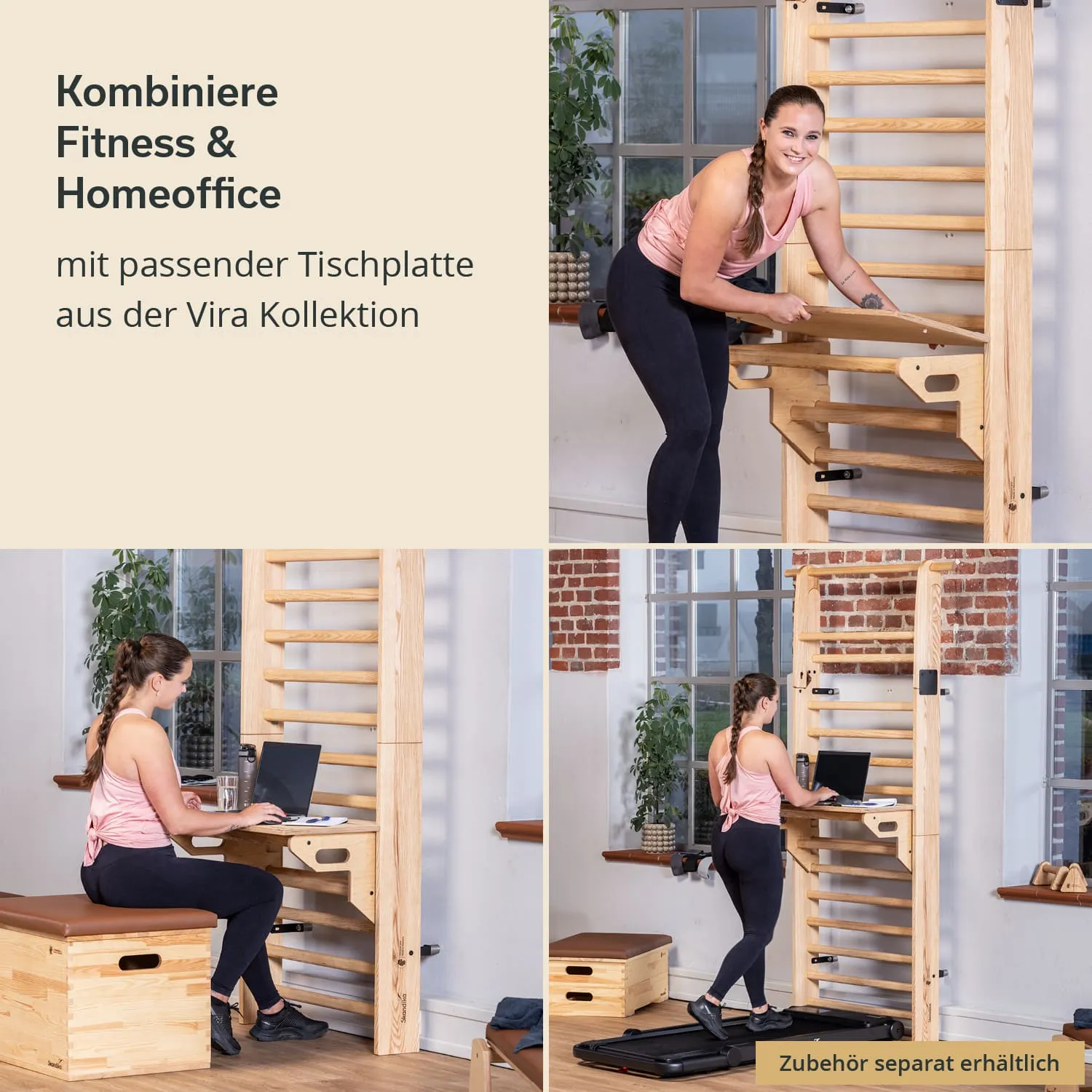 Ein Fitnessgerät mit einer Tischplatte, eine Person arbeitet am Laptop, weitere Elemente wie eine Bank und ein Laufband sind sichtbar.