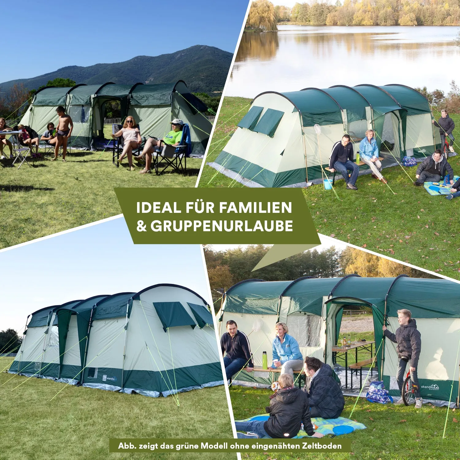 Mehrere Zelte in grüner Farbkombination in einer Landschaft mit Bergen und Wasser. Personengruppen sitzen entspannt im Freien.