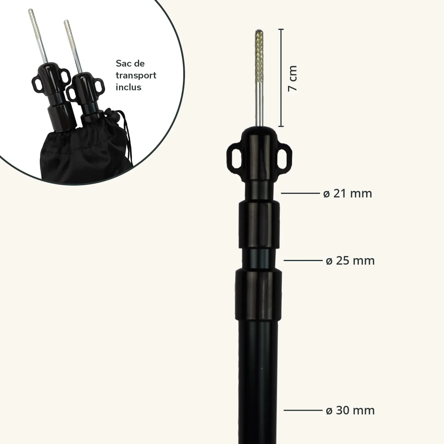 Schwarze Stange mit verschiedenen Durchmessern (21 mm, 25 mm, 30 mm) und einer Höhe von 7 cm. Oben zwei Halterungen sichtbar.