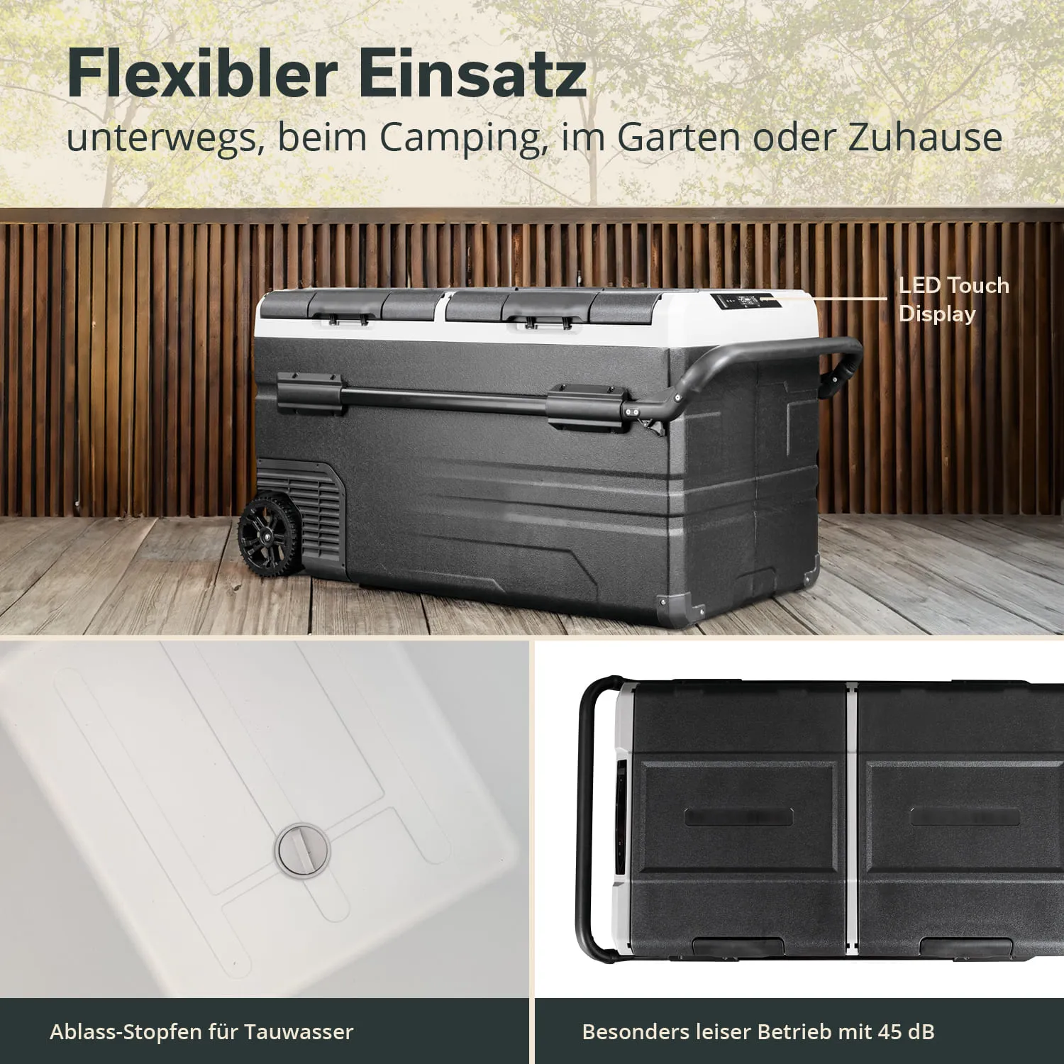 Kühlbox in dunklem Grau mit Rollen und Tragegriff, LED-Display, unter Holzverkleidung. Ablass-Stopfen und Deckel sichtbar.