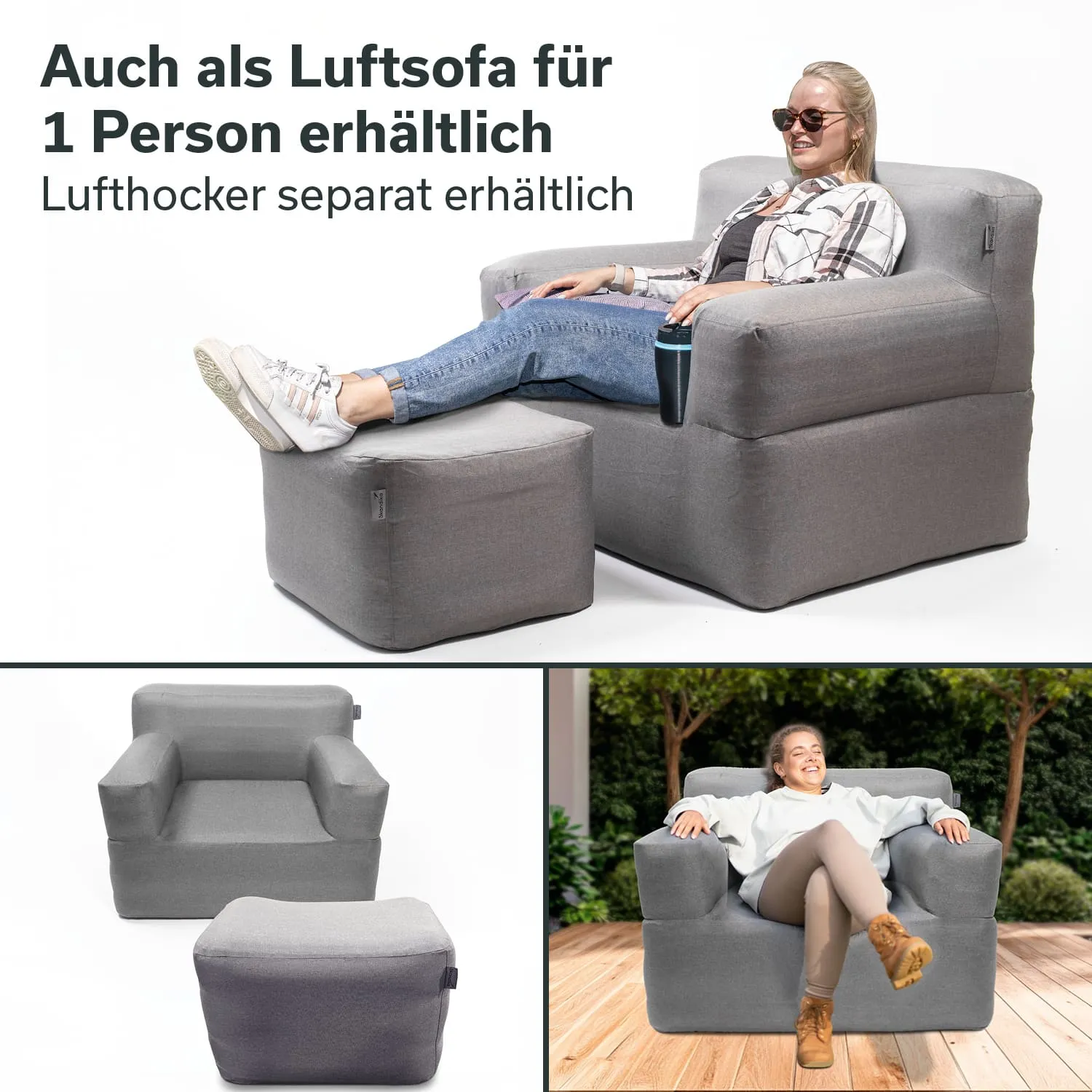 Graues Luftsofa und Hocker. Eine Person sitzt auf dem Sofa, eine andere auf dem Hocker. Beide Elemente sitzen auf einem hellen Untergrund.
