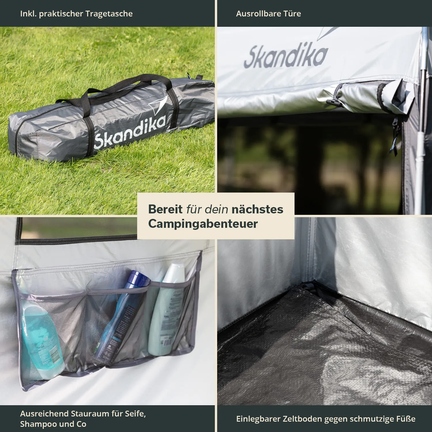 Tragetasche aus grauem Material mit Logo. Innenansicht eines Zeltes mit Ablage für Pflegeprodukte und einziehbarem Boden.