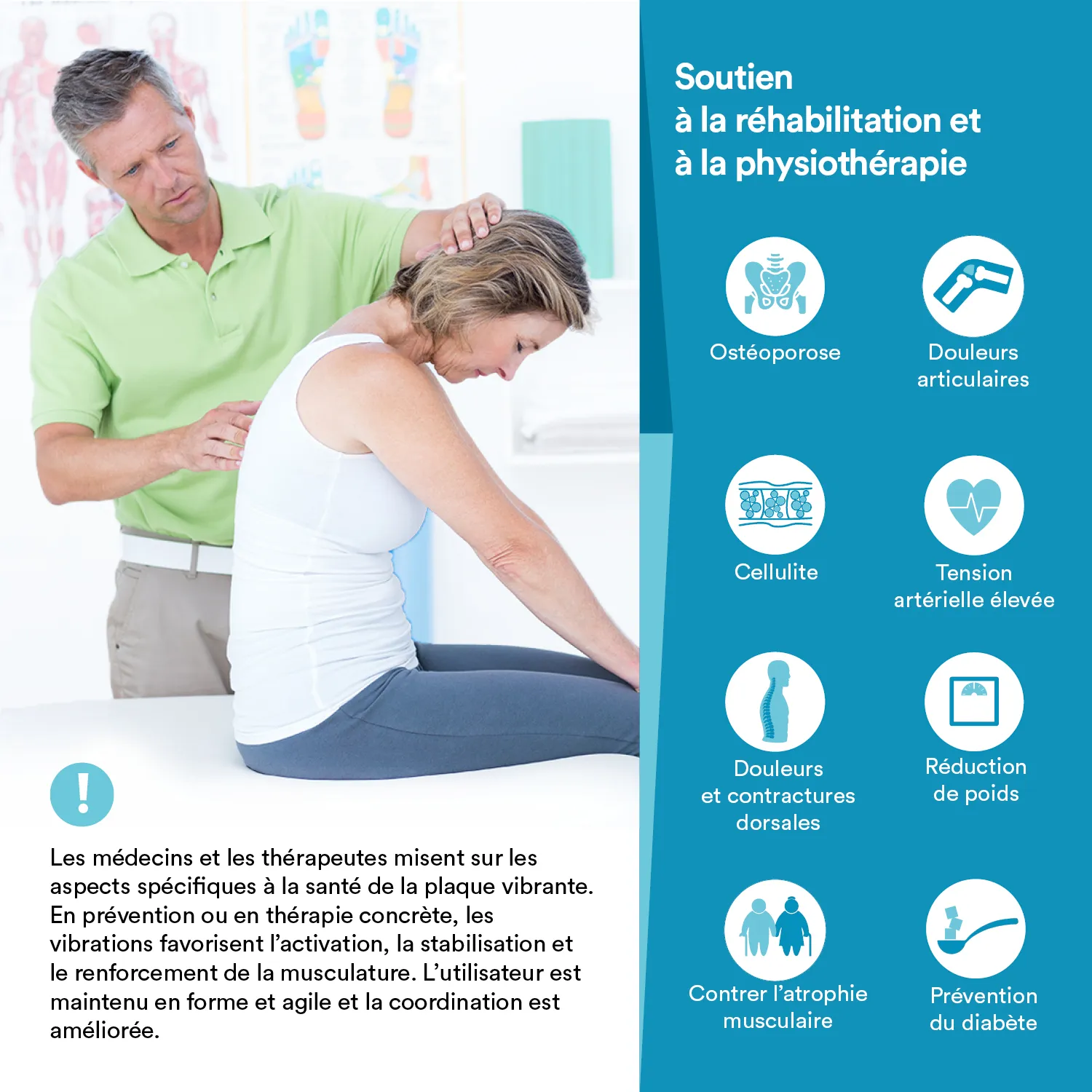 Physiotherapeut unterstützt eine sitzende Person mit Rückenbeschwerden. Informationen zu Rehabilitation und Physiotherapie sind sichtbar.