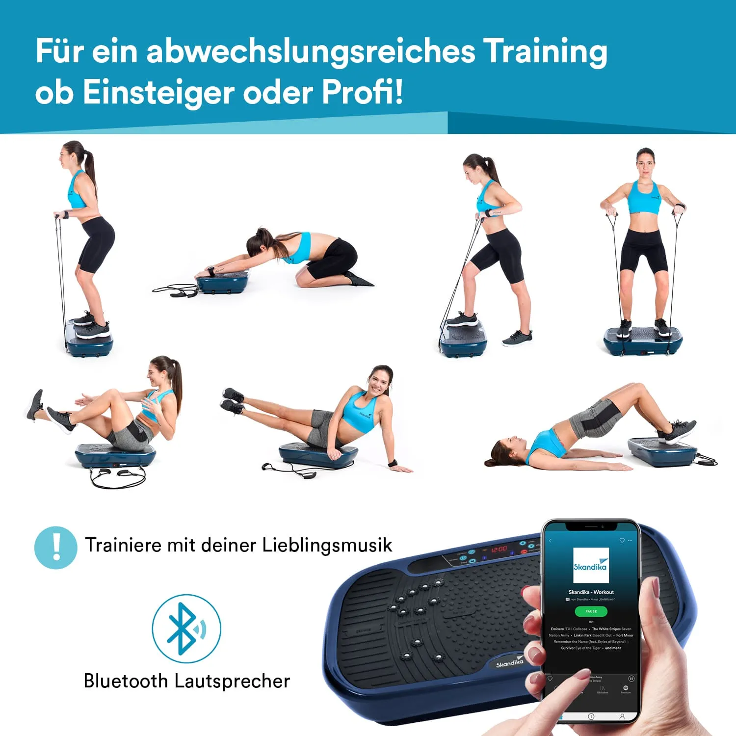 Vibrationsplatte mit mehreren Übungen in Bildern, Personen in Sportkleidung, Bluetooth-Lautsprecher in der Ecke.