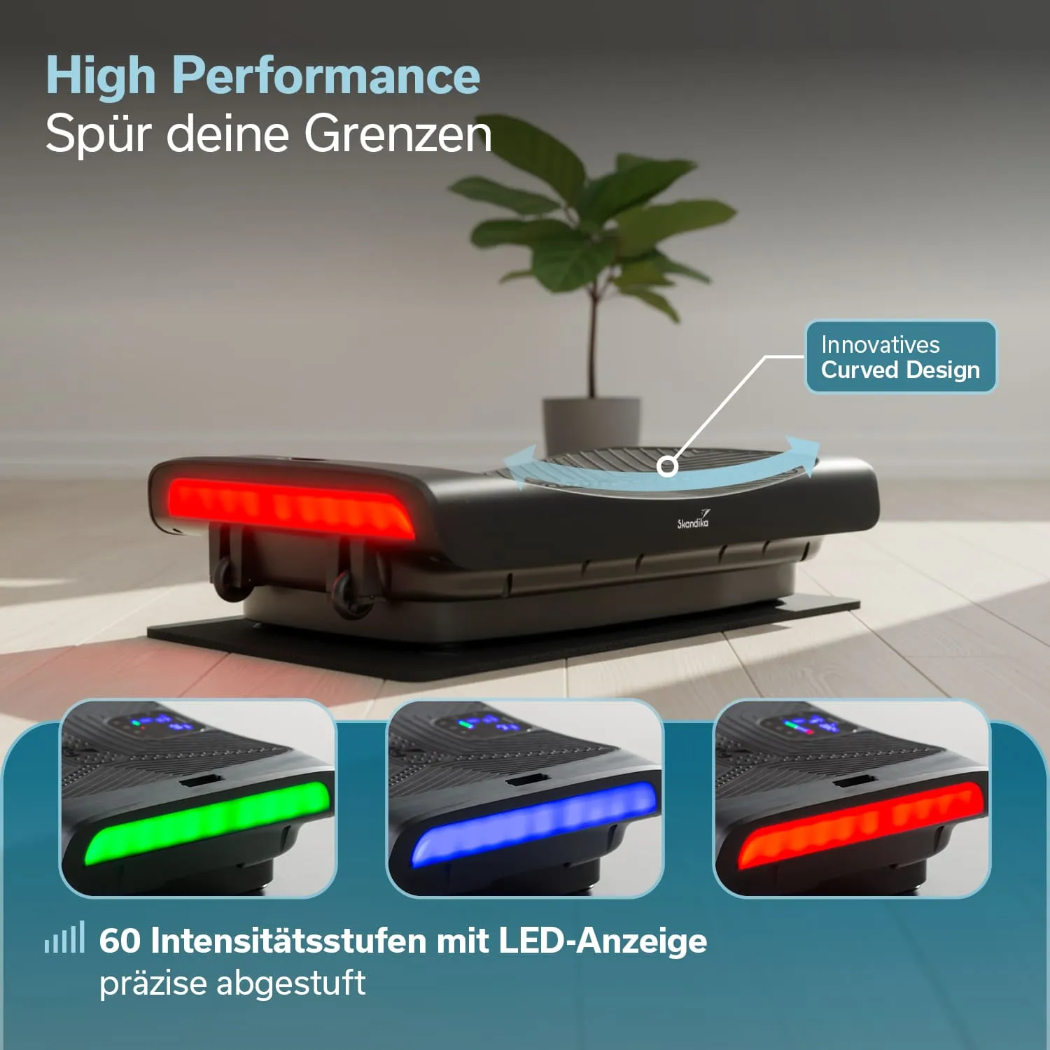 Vibrationsgerät mit LED-Anzeige in verschiedenen Farben, auf einem Untergrund platziert. Im Hintergrund eine Pflanze.