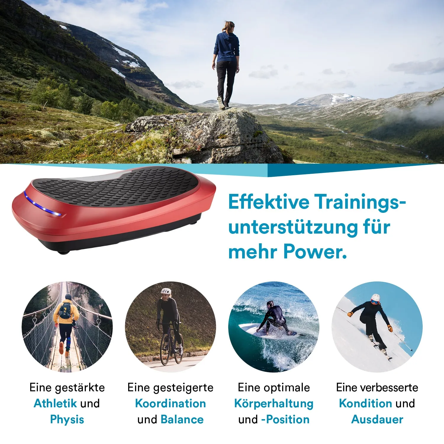 Eine Person steht auf einem Felsen in einer Berglandschaft. Im Vordergrund liegt ein rotes Trainingsgerät. Rechts sind vier thematische Punkte zu sehen.