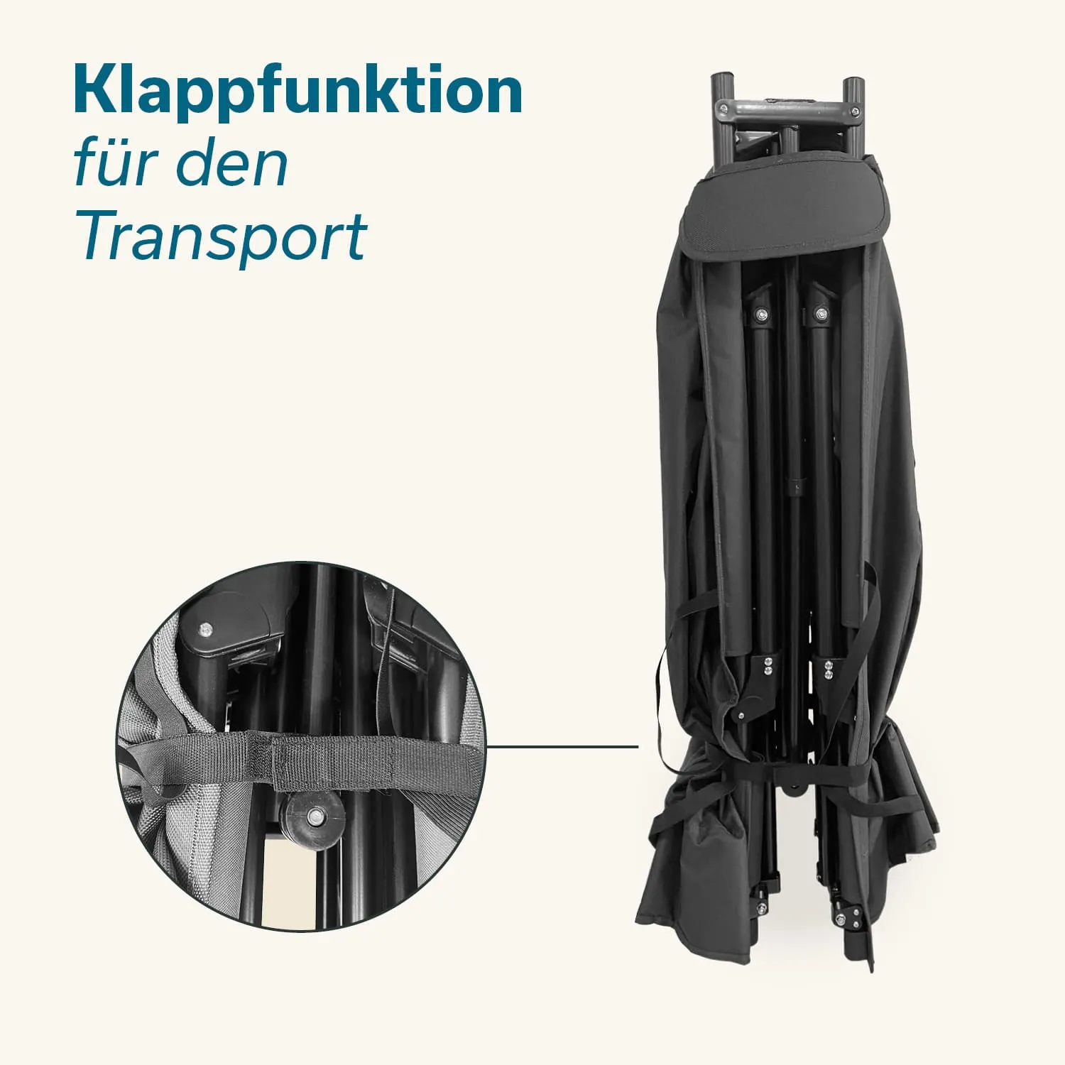 Klappstuhl in zusammengeklapptem Zustand. Ein Detail zur Klappfunktion ist hervorgehoben.
