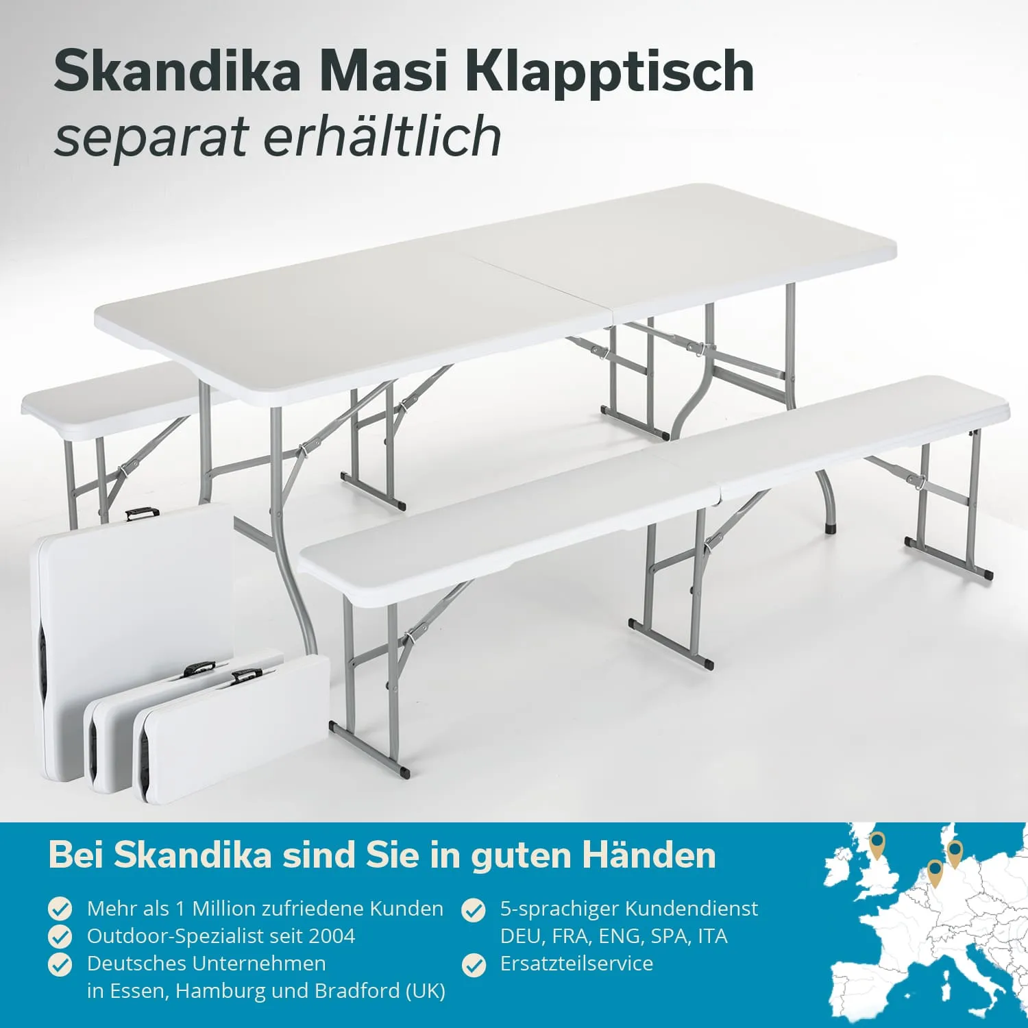Klappstuhl und klappbarer Tisch in Weiß mit grauen Metallbeinen. Im Hintergrund wird das Produkt „Skandika Masi Klapptisch“ beschrieben.
