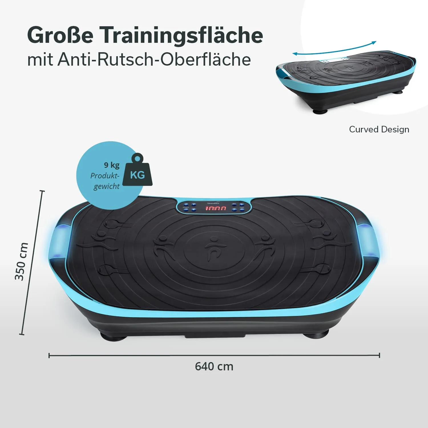 Vibrationsplatte mit schwarzer, rutschfester Oberfläche, blauen Akzenten und Digitalanzeige. Maße: 640 cm x 350 cm. Gewicht: 9 kg.