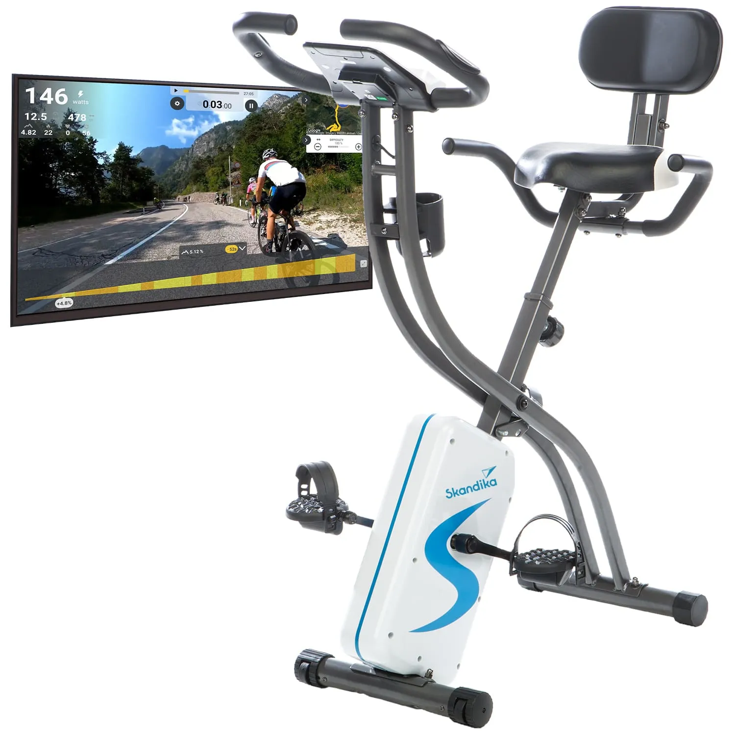 Heimtrainer mit einem Bildschirm, der eine Radfahrstrecke zeigt, und einem weißen Gehäuse mit blauer Schrift.