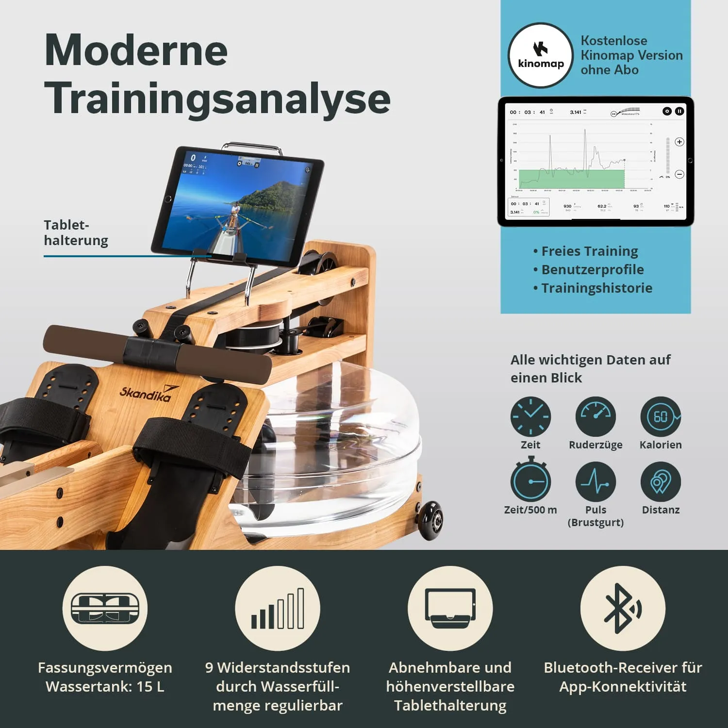 Wasser-Rudergerät aus Holz mit Tablet-Halterung, Anzeige für Trainingsdaten, und Details zu Funktionen in einer Übersicht.