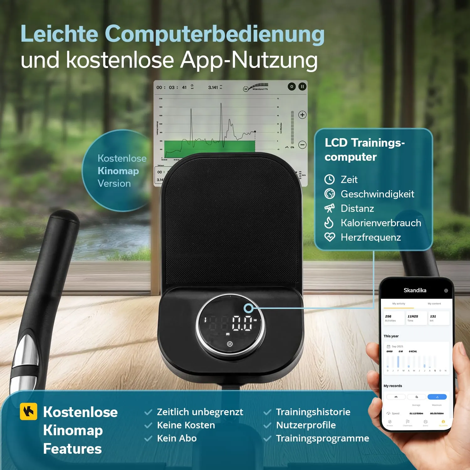 Ein Trainingscomputer mit LCD-Display steht vor einem Bildschirm mit Grafiken. Eine Smartphone-App zeigt Aktivitätsdaten. Hintergrund mit natürlicher Umgebung.