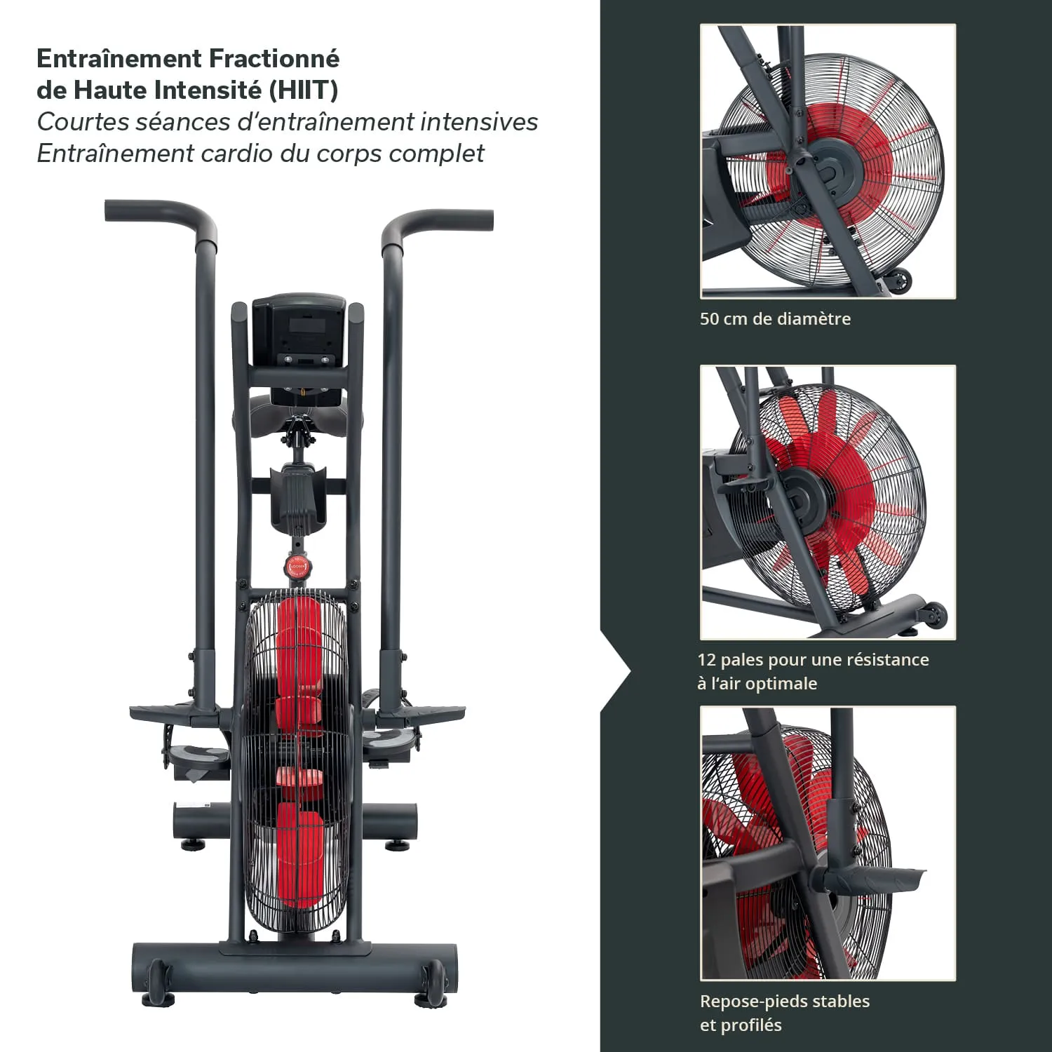 Fitnesstrainer mit zwei Griffen, einem großen Ventilator und stabilen Fußschlaufen. Technische Details sind rechts aufgelistet.