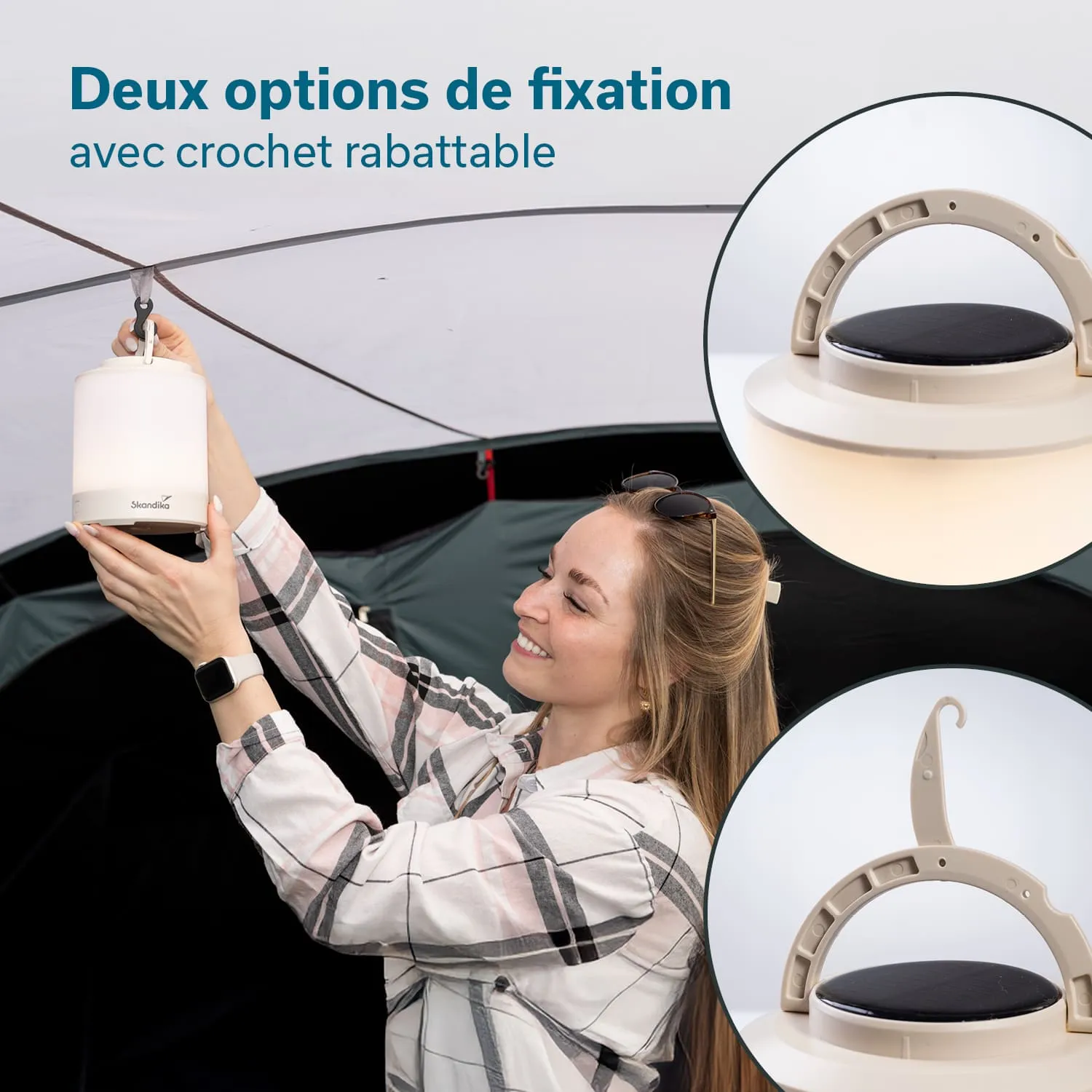 Eine Person befestigt eine tragbare Lampe mit einem Haken an einem Zelt. Im Bild sind auch Detailansichten des Befestigungsmechanismus zu sehen.