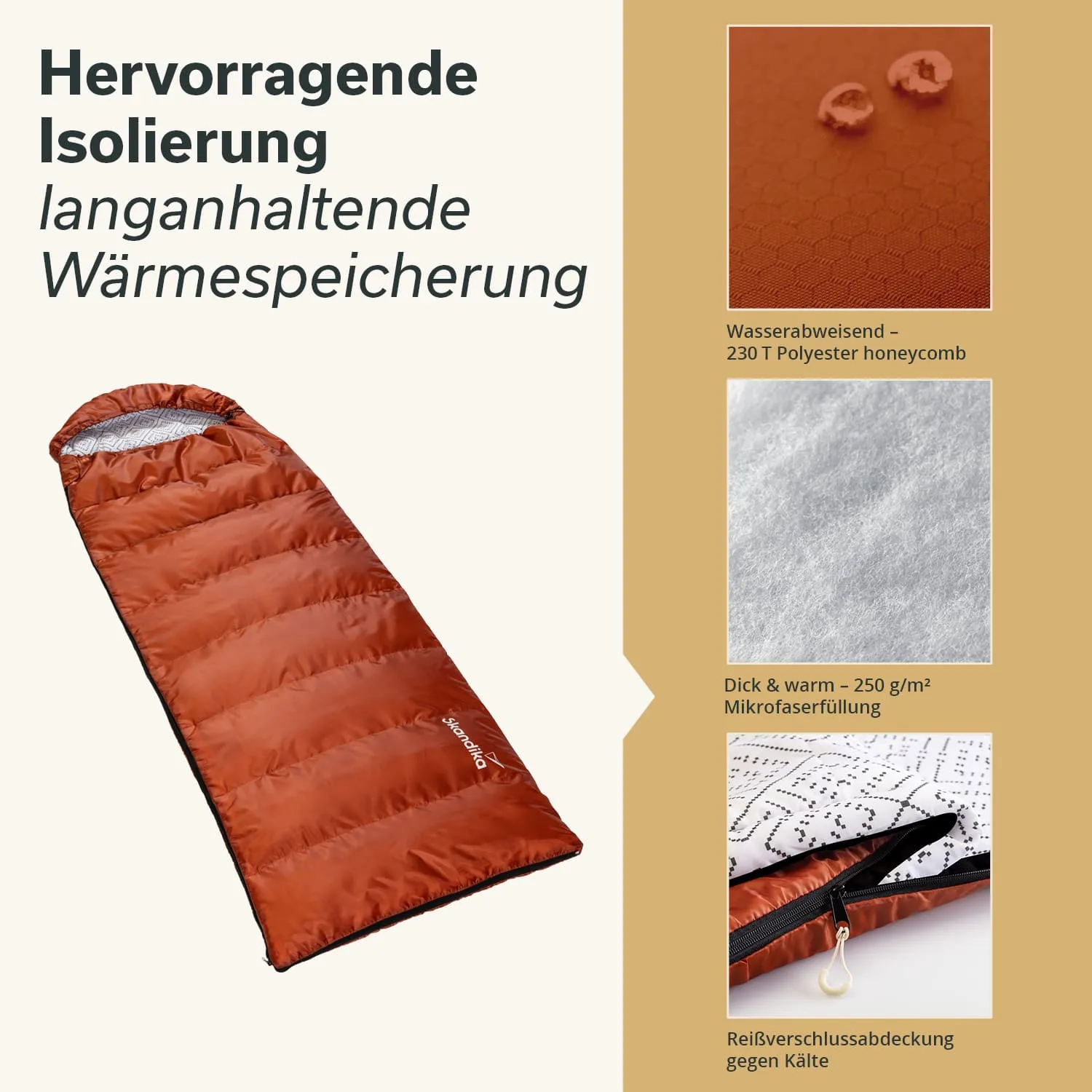 Schlafsack in orange, wasserabweisend mit Mikrofaserfüllung, zeigt Struktur und Reißverschlussabdeckung. Informationen über Isolierung.