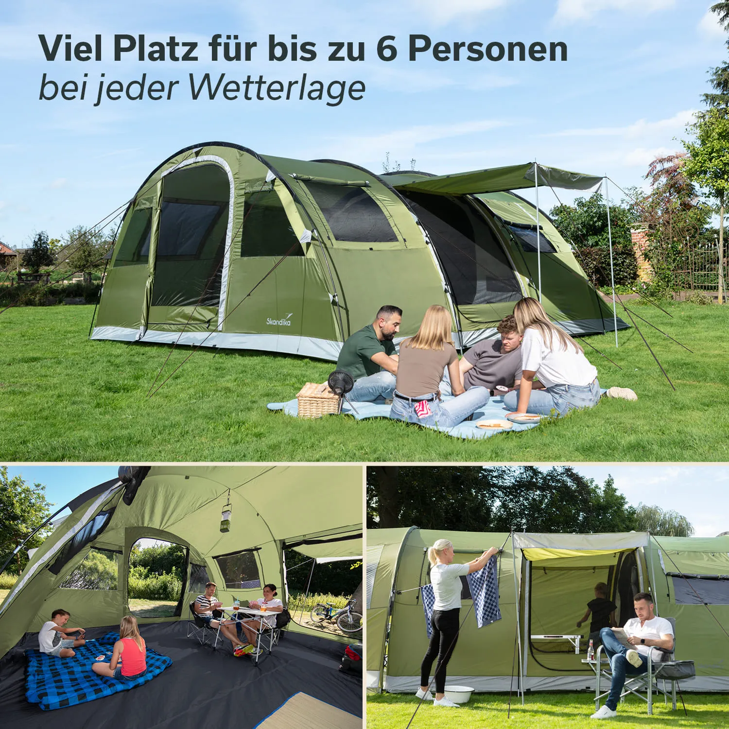 Zelt in grün für bis zu 6 Personen auf Wiese. Oben links: Menschen sitzen um Picknickdecke. Unten links: Kinder auf Decke. Unten rechts: Person hängt Wäsche auf.