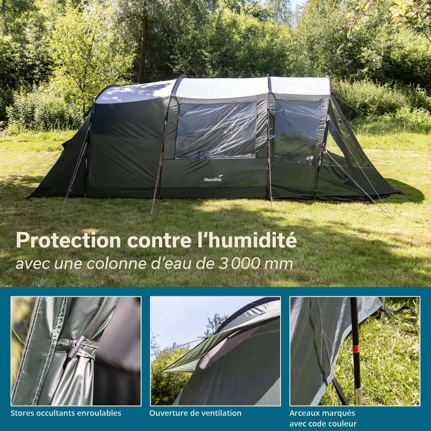 Zelt in der Natur auf einer Wiese, umgeben von Bäumen. Text über Feuchtigkeitsschutz und technische Details.