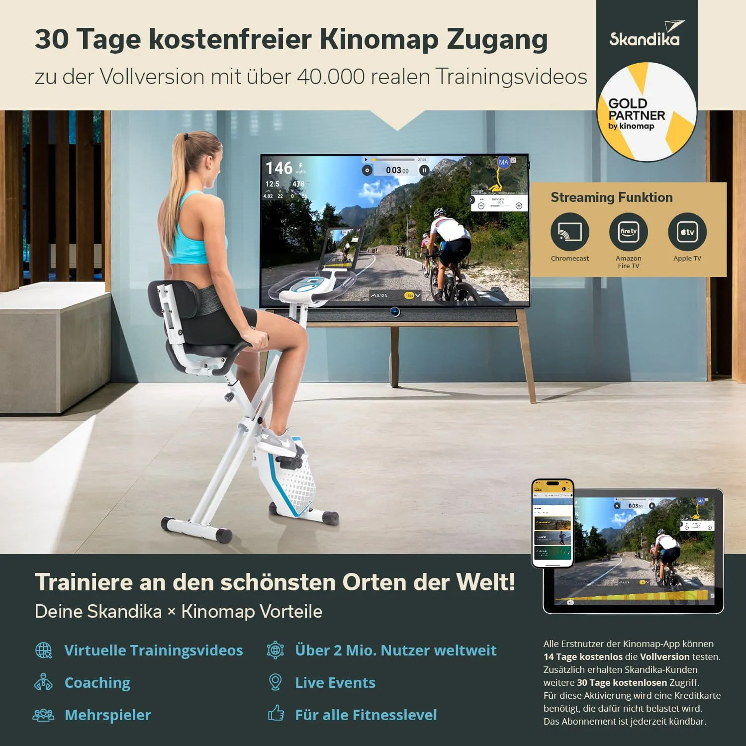Fahrrad mit Bildschirm im Hintergrund, der einen Trainingsvideo anzeigt. Textinformationen über Kinomap und Vorteile.