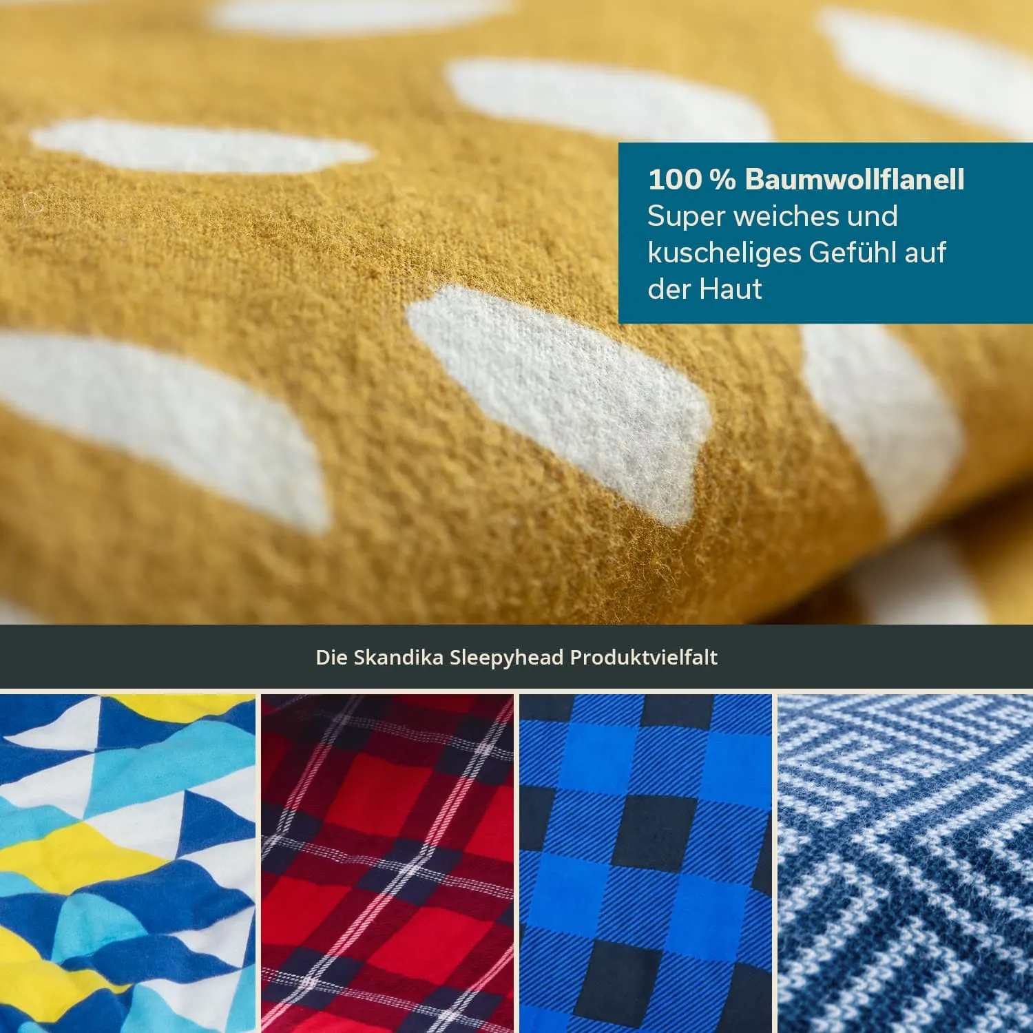 Zwei Stoffe: Ein gelber Baumwollflanell mit weißen Mustern und mehrere andere Stoffmuster in blau, rot und gemustert.