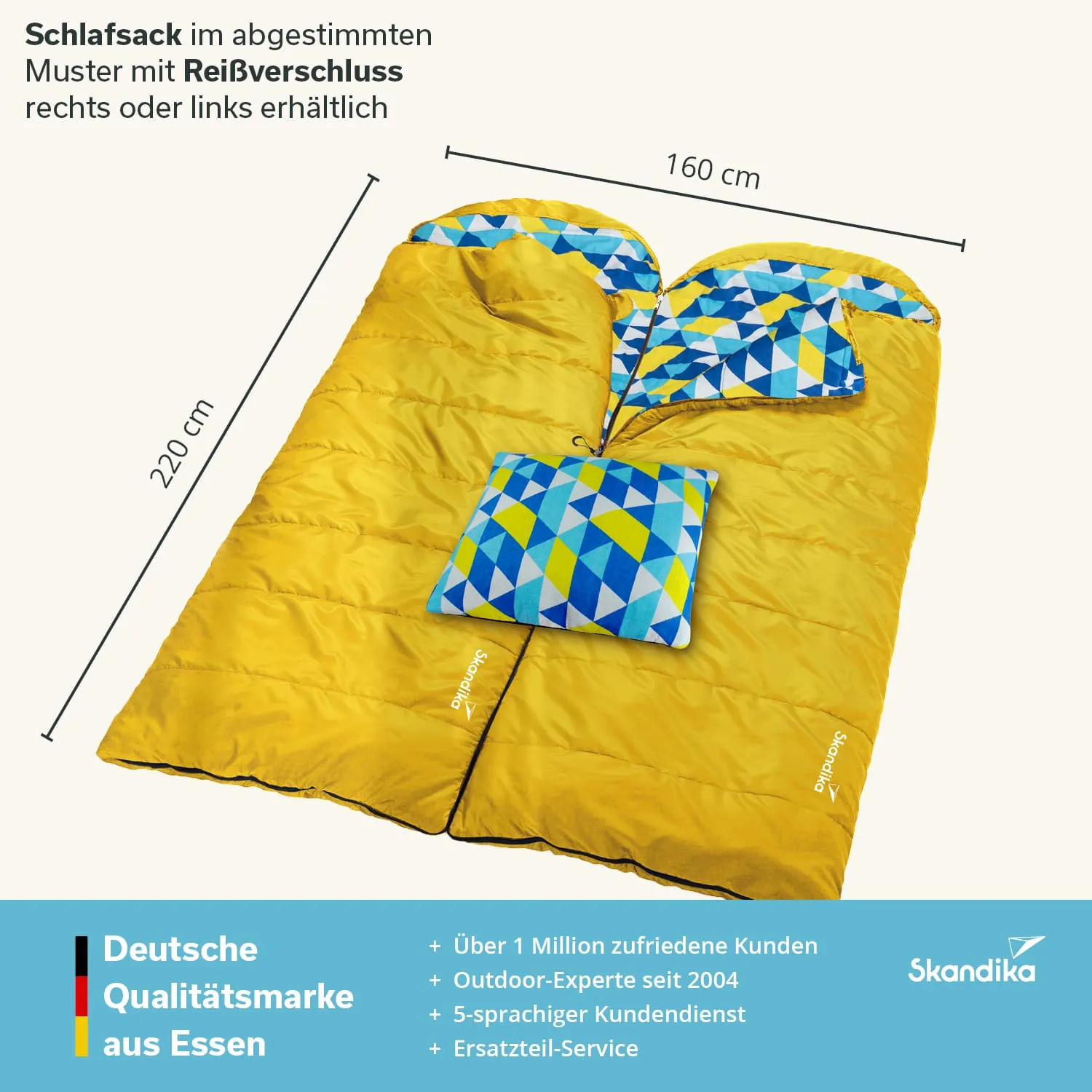 Schlafsack in Gelb mit buntem Innenmuster und Kissen, Maße 220 cm x 160 cm, Reißverschluss seitlich.