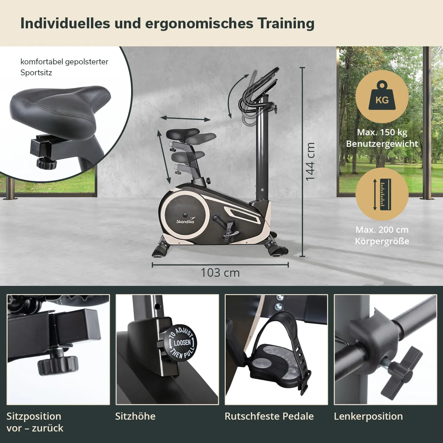 Ergometer mit verstellbarem Sitz und Lenker, rutschfesten Pedalen und Maßangaben für Größe und Gewicht.