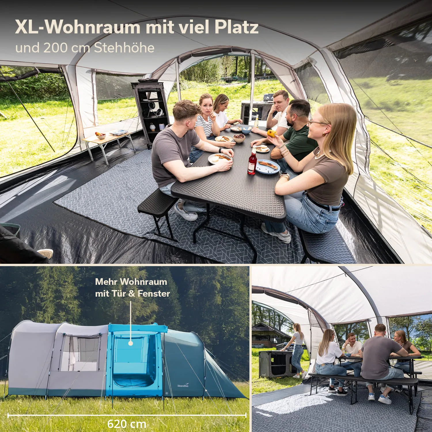 Innenansicht eines großen Zeltes mit einem Tisch, an dem mehrere Personen sitzen. Um sie herum sind Stühle und eine Küchenzeile sichtbar. Ein Außenbereich ist teilweise zu sehen.