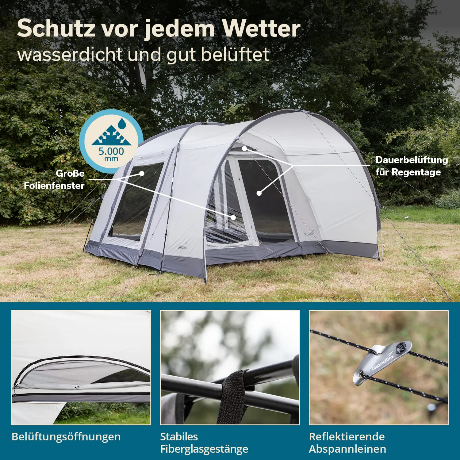 Das Bild zeigt ein großes, graues Zelt auf einer Rasenfläche, umgeben von Bäumen. Es hat große Folienfenster und ist mit markierten Eigenschaften wie Belüftungsöffnungen und stabilen Fibergestängen versehen.