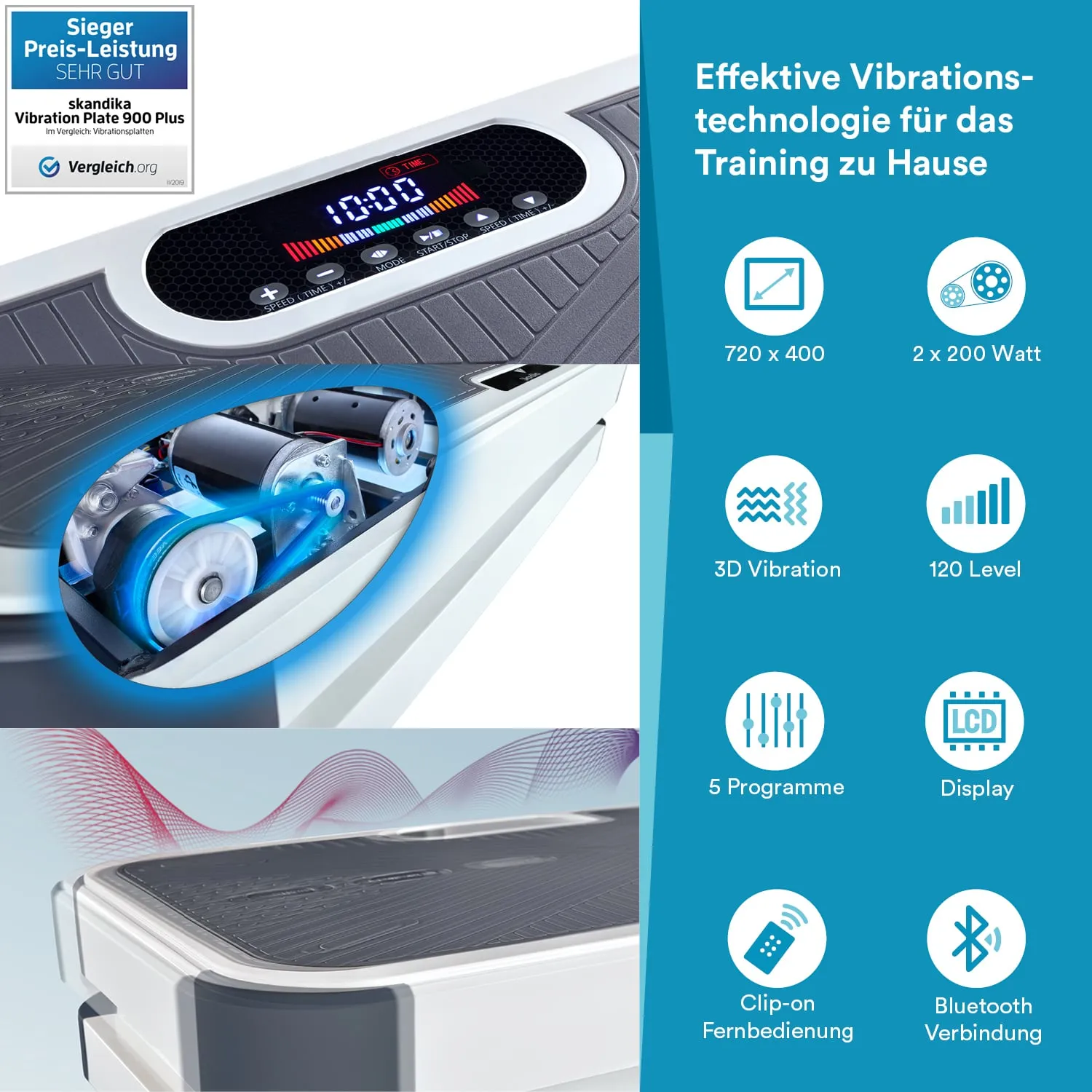 Vibrationsplatte mit Display, technischen Details und Symbolen für Funktionen wie Bluetooth und Fernbedienung.