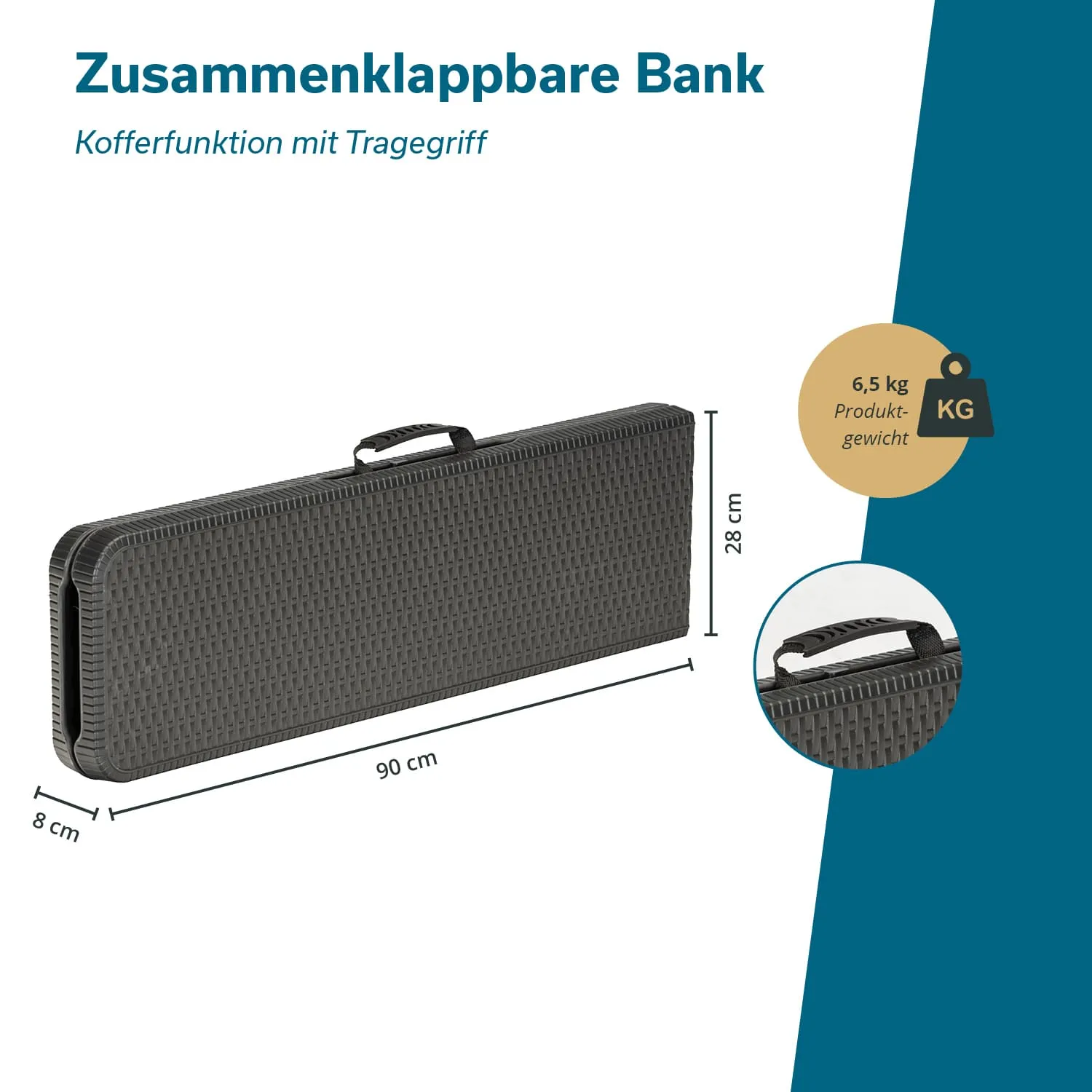 Zusammenklappbare Bank in schwarz, mit Tragegriff und Kofferfunktion. Maße: 90 cm x 28 cm x 8 cm, Gewicht: 6,5 kg.