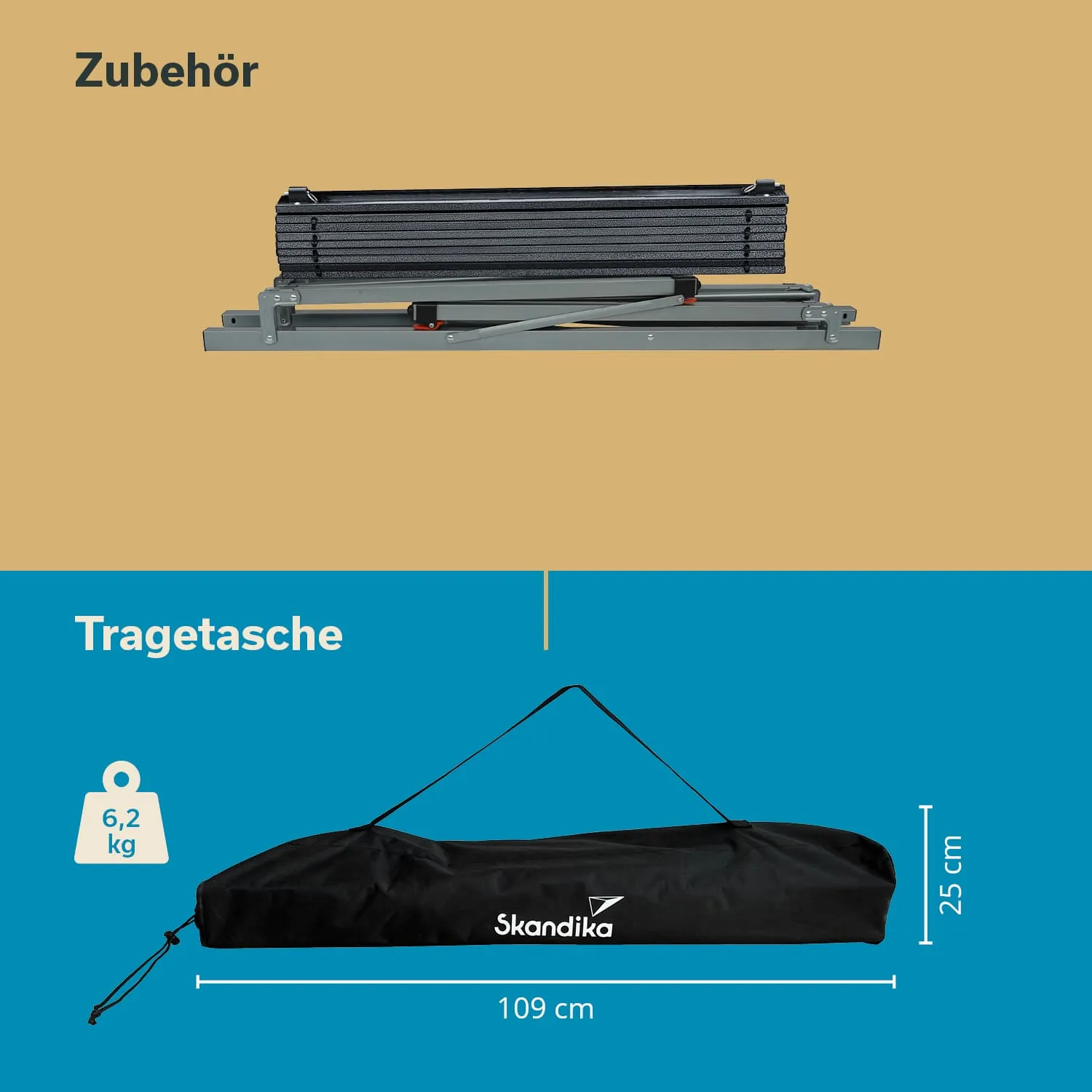 Schwarze Tragetasche mit Logo „Skandika“ und Maßen 109 cm x 25 cm, Gewicht 6,2 kg, auf blauem Hintergrund. Oben Zubehör.