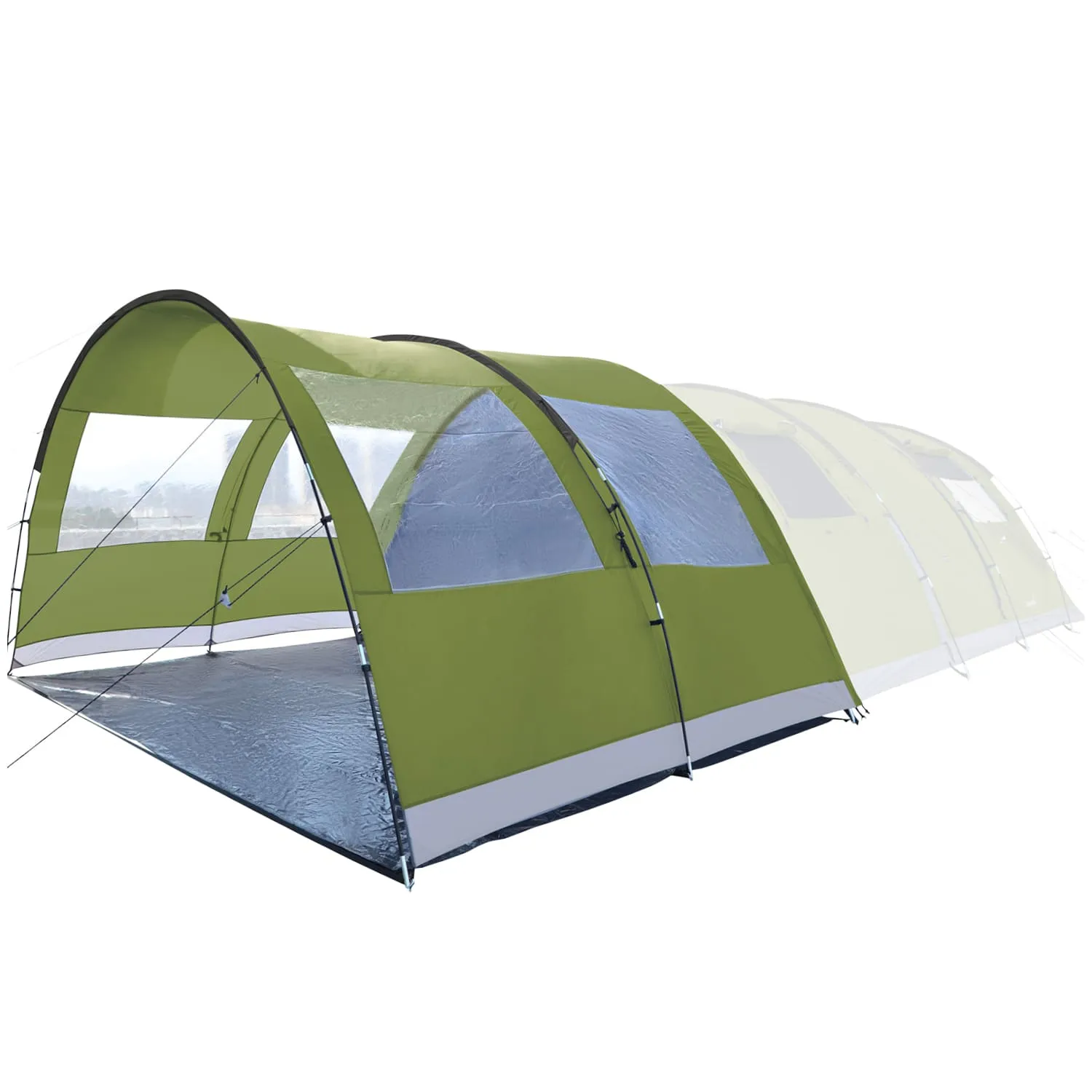 Grünes Zelt mit transparenten Fenstern, teilweise aufgeklappt. Im Hintergrund sind weitere Zelte in ähnlichem Design zu sehen.