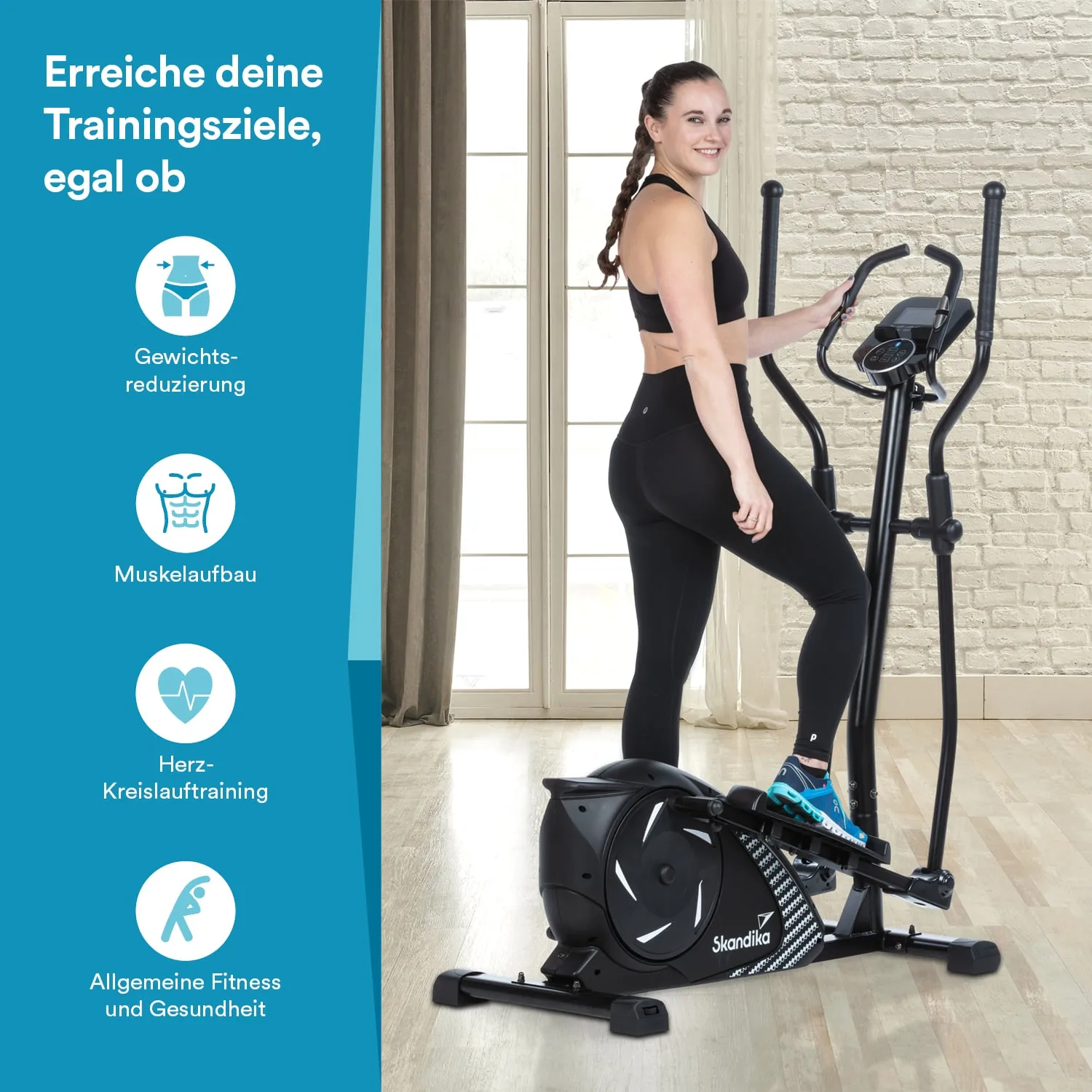 Elipsentrainer mit Person in Sportkleidung, die lächelt. Helle Räume mit Fenstern und neutralem Boden. Icons für Fitnessziele.
