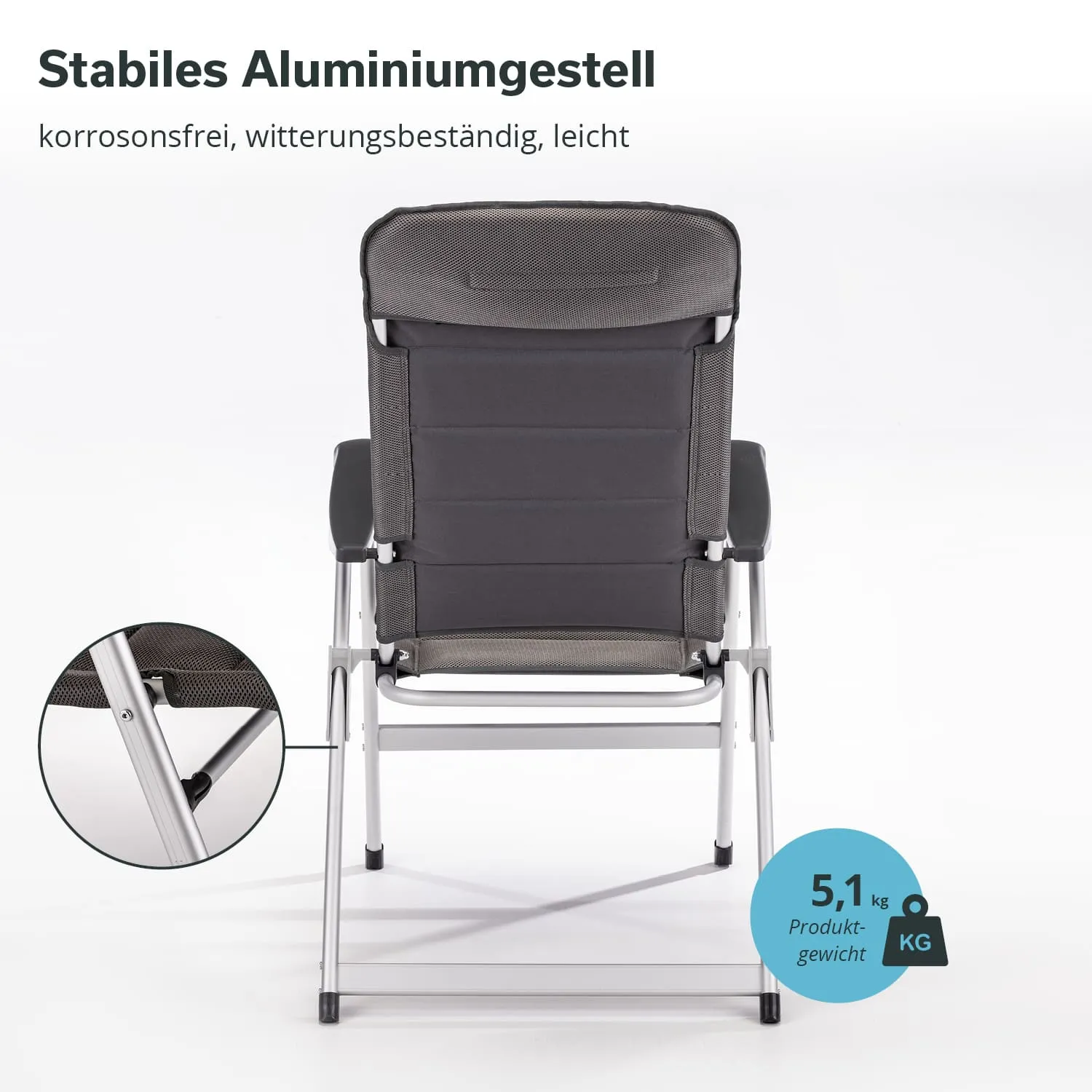 Aluminiumstuhl mit schwarzem gepolstertem Sitz und Rückenlehne, Produktgewicht 5,1 kg. Detailansicht des Gestells im unteren Bereich.