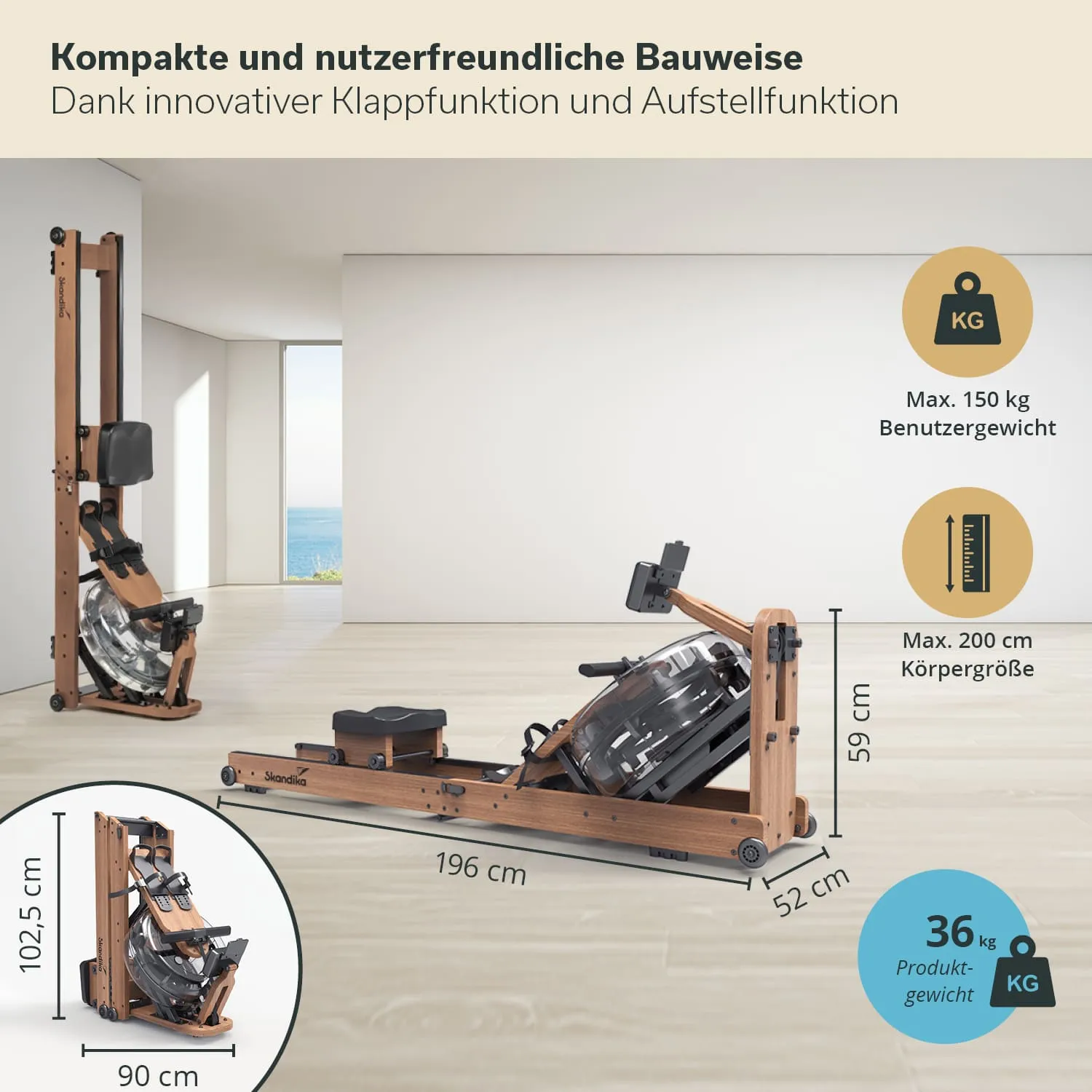 Rudergerät aus Holz mit klappbarer Funktion. Angaben zu Benutzergewicht (max. 150 kg) und Körpergröße (max. 200 cm).