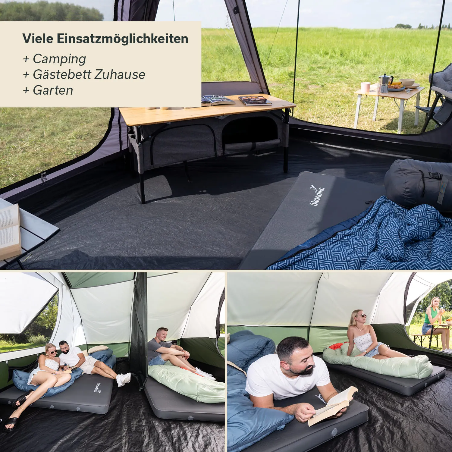 Zeltinneneinrichtung mit Tischen, Schlafmatten und Personen, die lesen oder entspannen. Helle, offene Wiesenlandschaft außen.