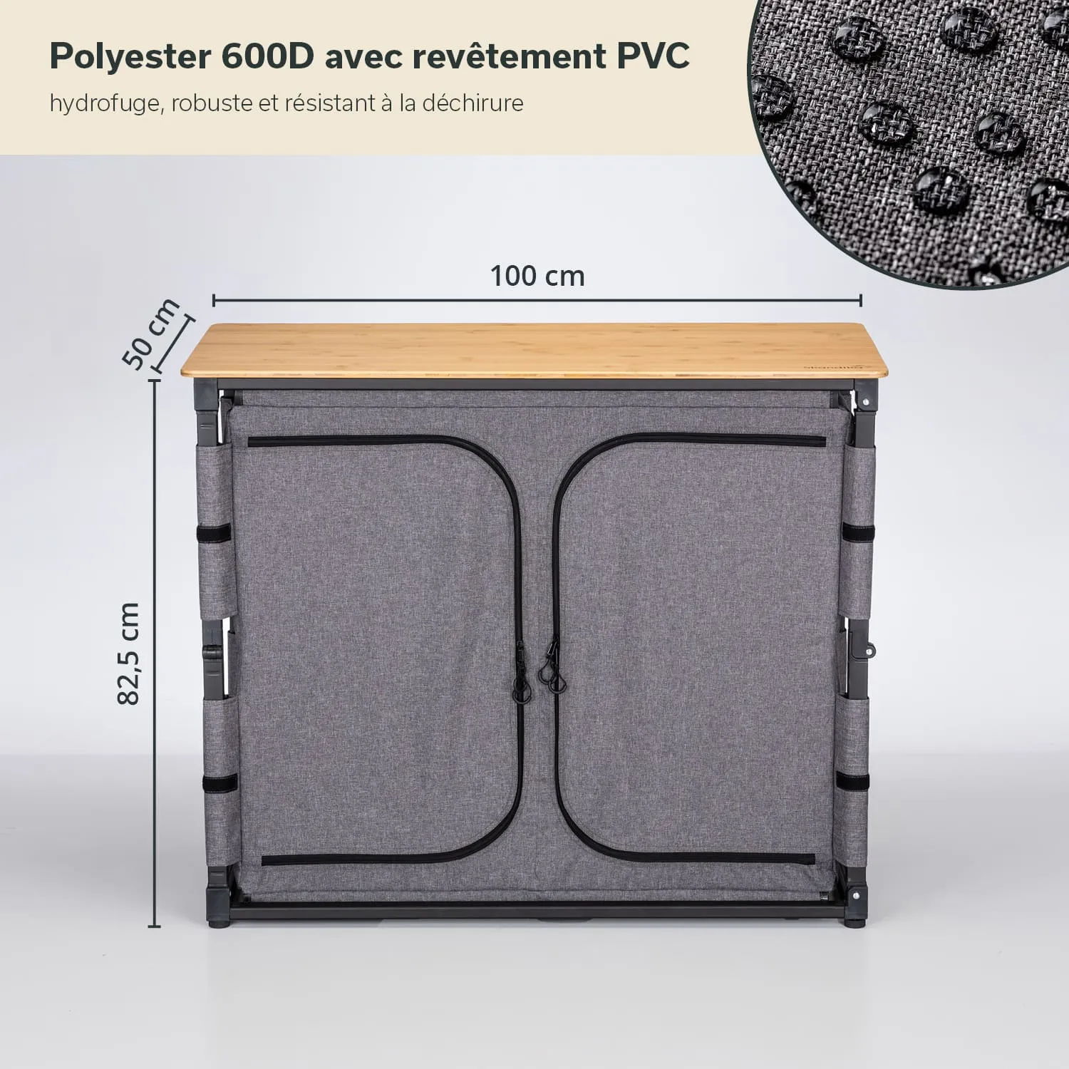 Grauer Schrank mit zwei Türen und Holzoberfläche. Maße: 100 cm (B), 50 cm (H), 82,5 cm (T). Stoff mit PVC-Beschichtung.
