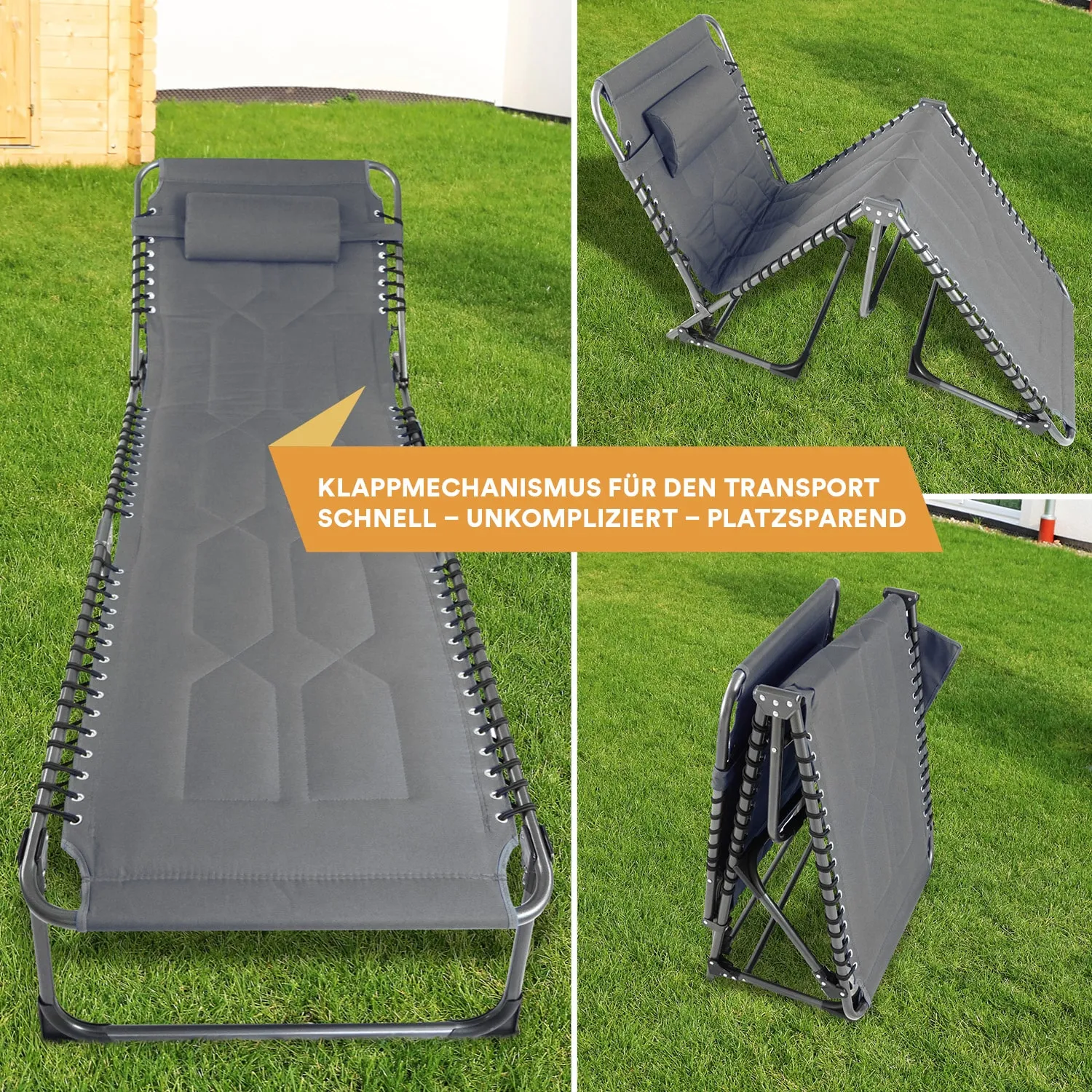 Liegefläche in Grau mit Kopfkissen und klappbarem Gestell auf grünem Rasen, teilweise weggeklappt und in transportabler Position.