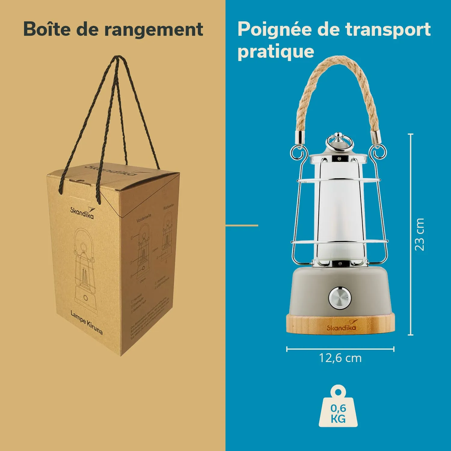 Verpackung einer Lampe mit Tragegriff auf der linken Seite, Lampe in grauer und holzfarbener Ausführung auf der rechten Seite. Maße: 23 cm hoch, 12,6 cm Durchmesser, Gewicht 0,6 kg.