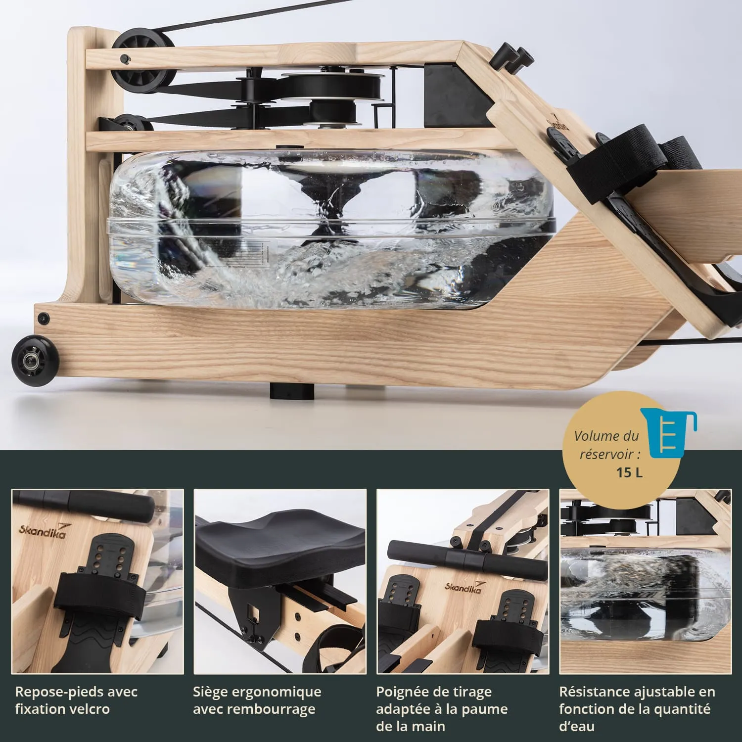Rudermaschine aus Holz mit Wasserbehälter, ergonomischem Sitz und verstellbaren Fußstützen. Wasserreservoir hat 15 L.
