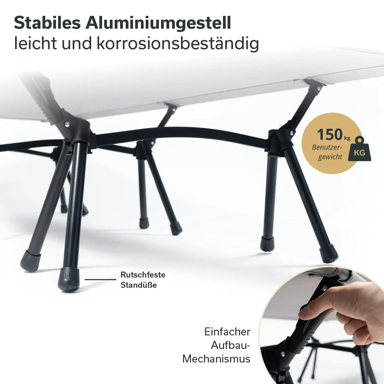 Aluminiumgestell eines Tisches mit stabilen, rutschfesten Standfüßen und Informationen zu Benutzergewicht und Aufbau.