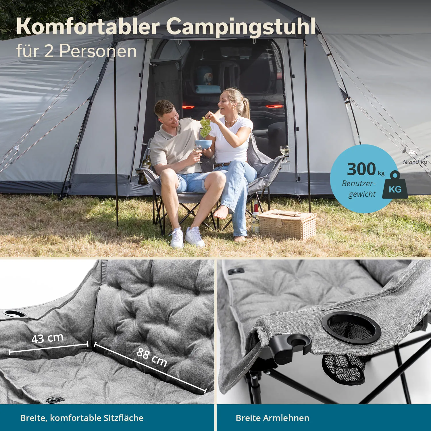 Zwei Personen sitzen in komfortablem Campingstuhl vor einem Zelt. Im Hintergrund ist der Zeltinnern sichtbar. Ein Korb und Getränke sind zu sehen.