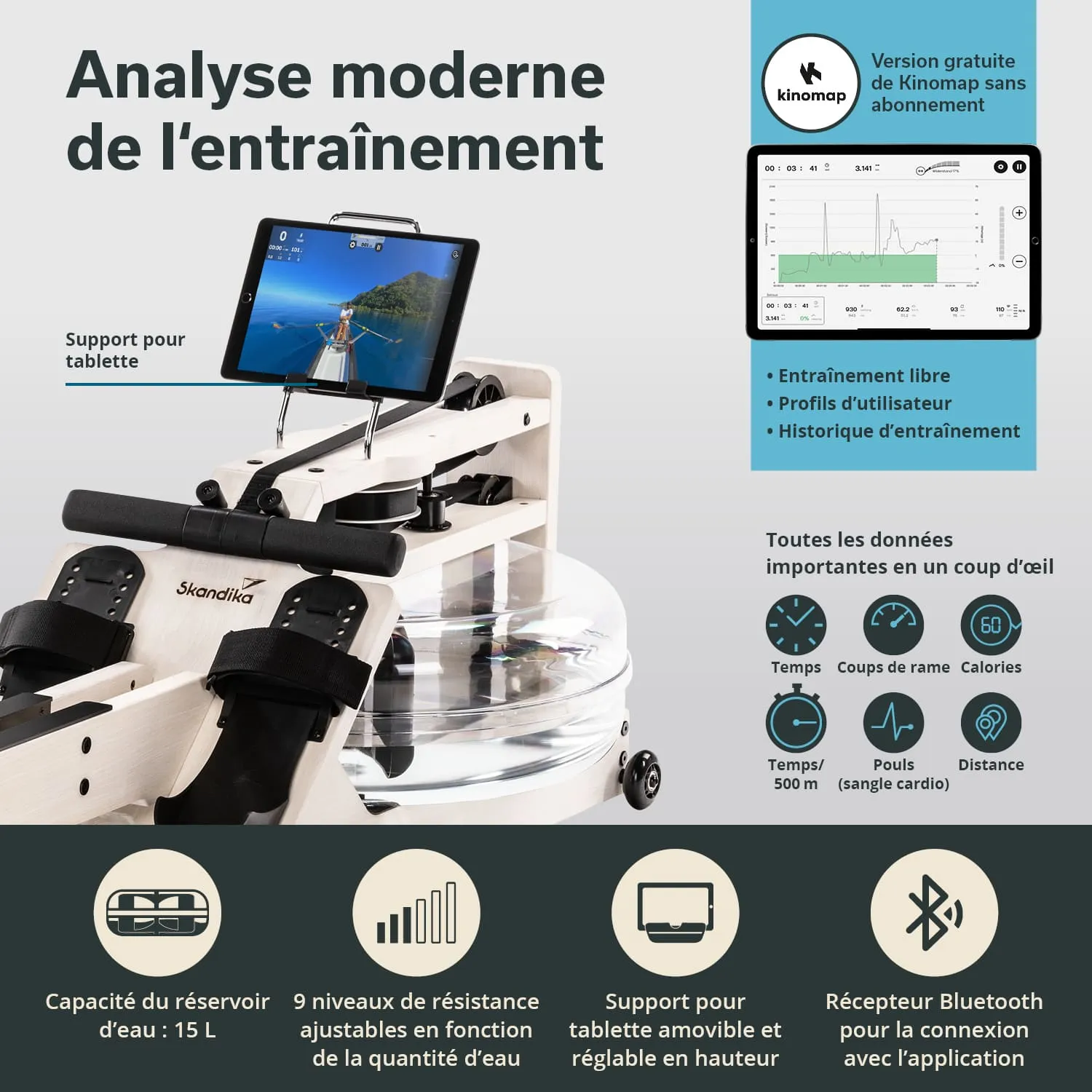 Rudermaschine mit Wassertank, Tablet-Halterung und Bedienelementen. Grafik mit Trainingsdaten und Funktionen.