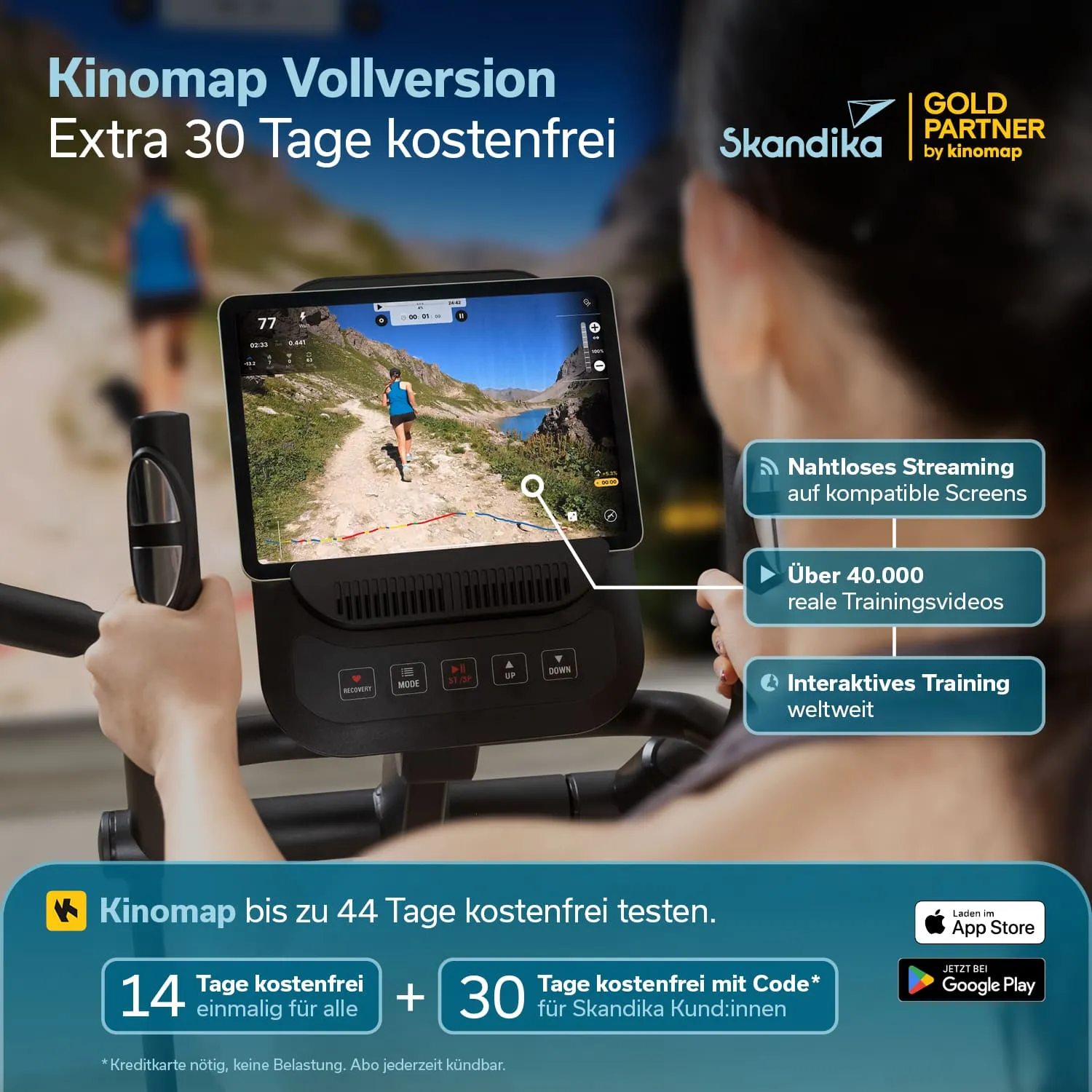 Fitnessgerät mit Bildschirm, der ein Laufvideo zeigt. Textinformationen zu Kinomap und unverbindlichen Testangeboten sind sichtbar.
