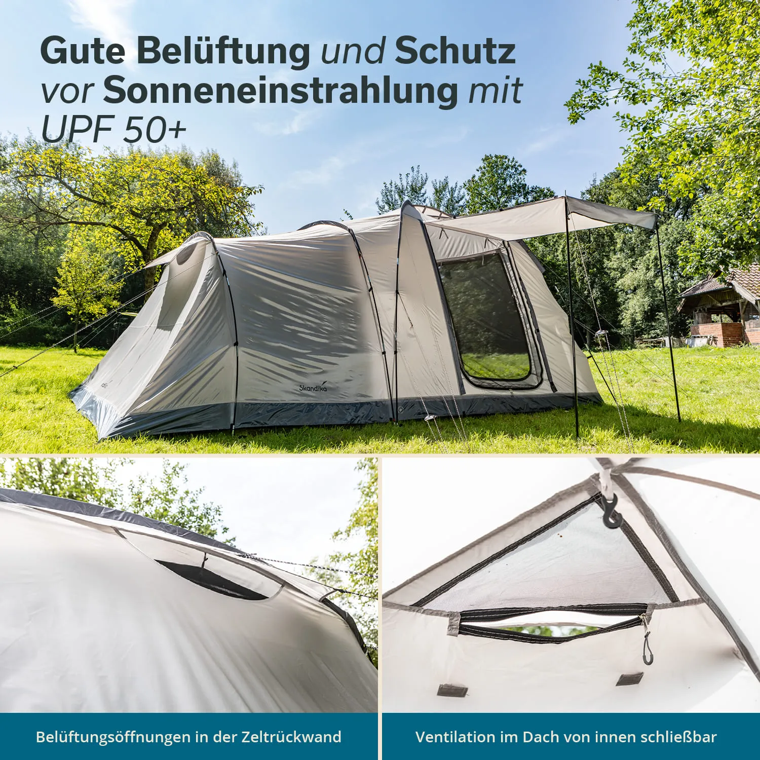 Zelt auf einer Wiese, umgeben von Bäumen. Grafik mit Informationen zu Belüftung und UV-Schutz. Details zu Öffnungen und Belüftung.