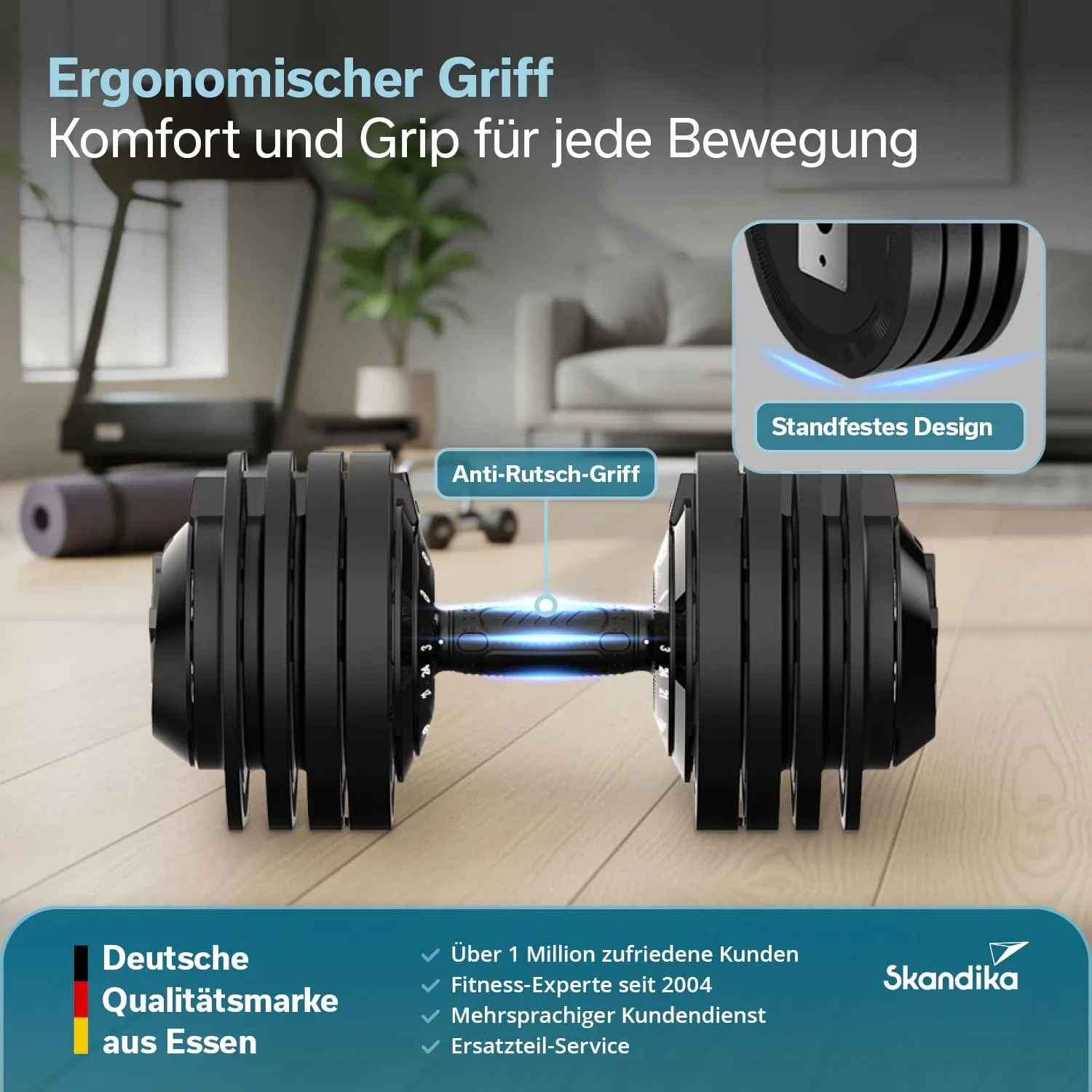 Gewicht mit ergonomischem Griff und Anti-Rutsch-Oberfläche, auf einem Holzboden mit Fitnessgeräten im Hintergrund.