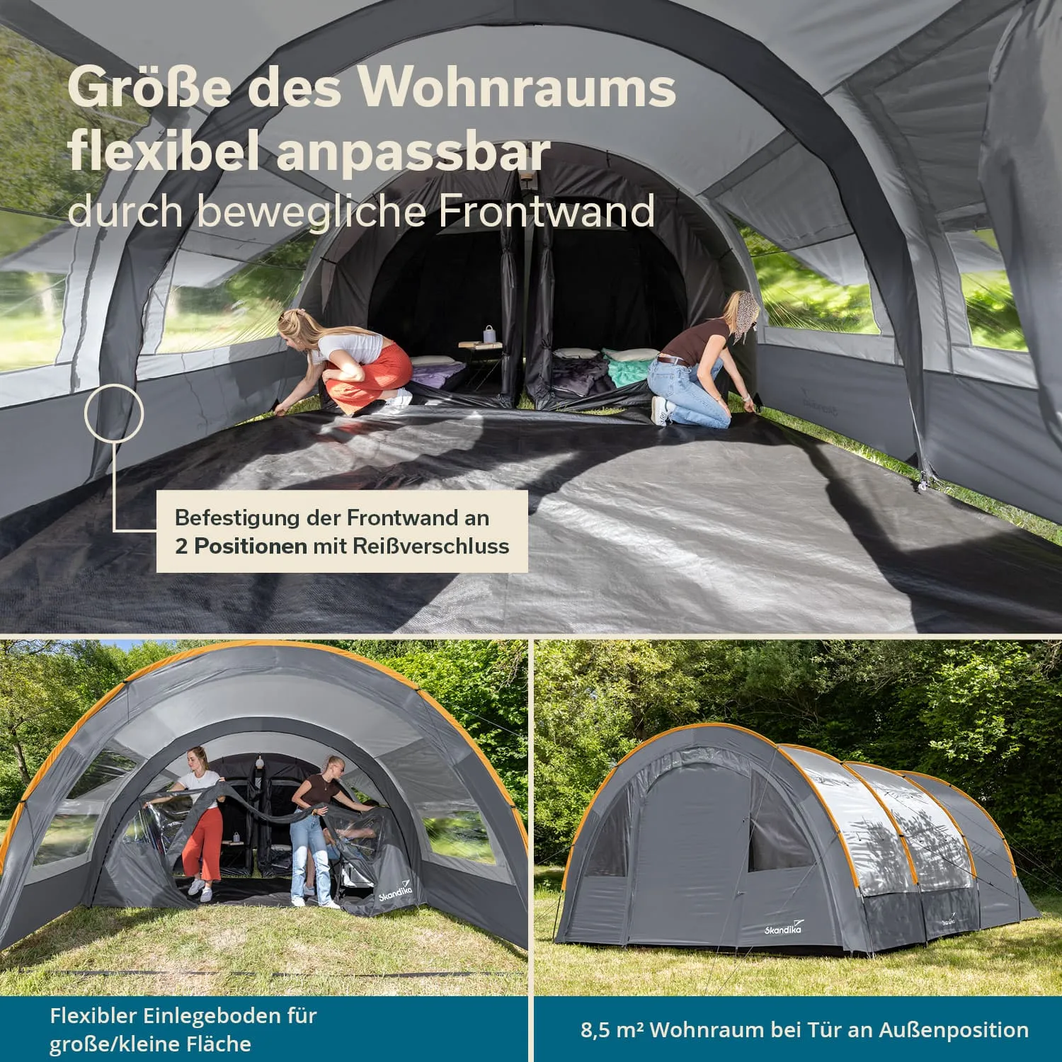 Zelt mit beweglicher Frontwand und flexiblem Boden. Eine Person platziert den Innenraum, andere Elemente des Zeltes sind sichtbar.