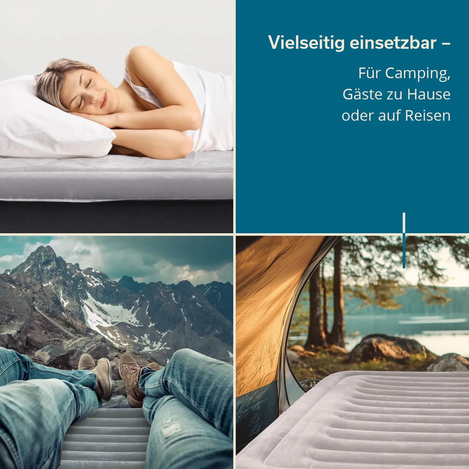 Eine Person liegt entspannt auf einer Matratze. Unten links sind Füße auf einer Matte vor einer Berglandschaft zu sehen. Unten rechts sieht man den Innenraum eines Zeltes mit einer Matratze und einem Fensterblick auf einen See und Bäume.