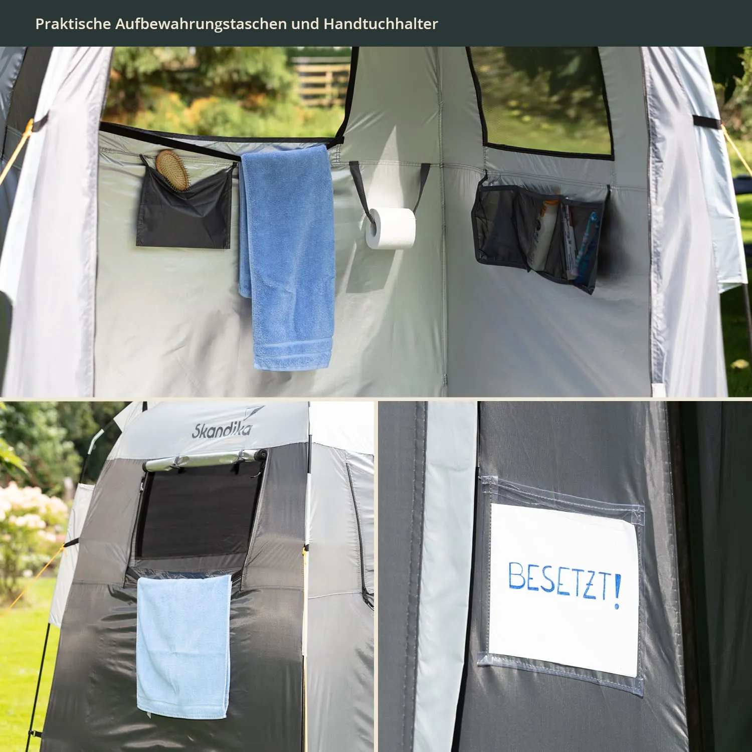 Aufbewahrungstaschen und Handtuchhalter in einem Zelt Handtücher, Toilettenpapier und ein Schild mit der Aufschrift „BESATZT“.